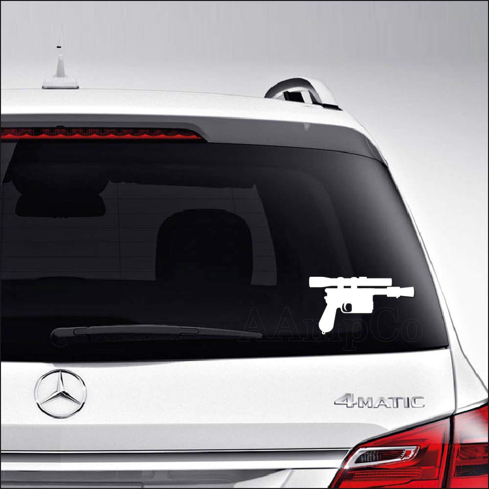 Han Solo Blaster Gun Vinyl Sticker Decal - 8 inch/20 cm Wide Gloss White - Perfect for Car, Truck, Motorcycle Windows, Bumper, Laptop, Home & Wall Decor - Star Wars Fan Gift & Themed Room Accessory