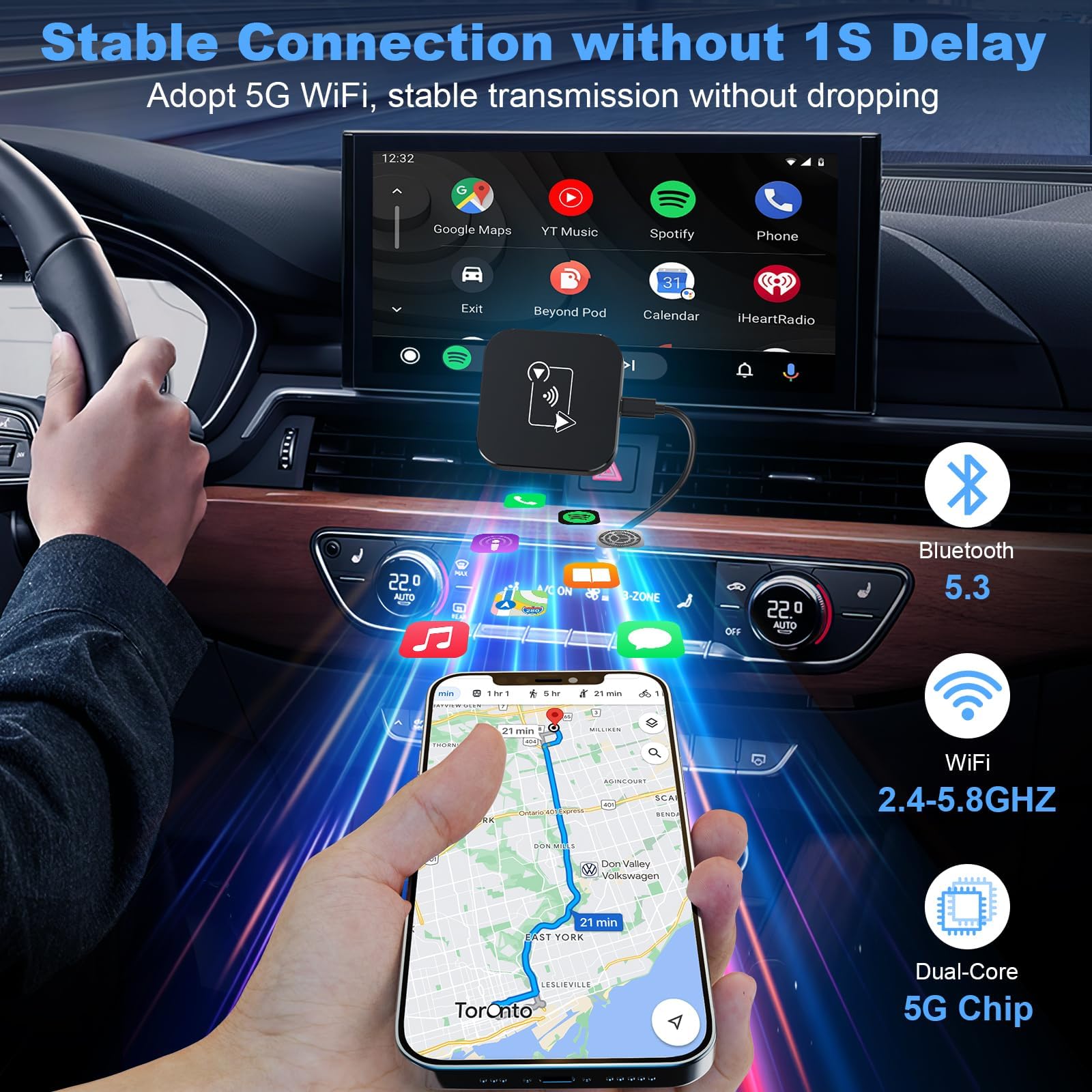 2024 Upgraded Wireless Android Auto & CarPlay Adapter - Convert OEM Wired to Wireless Connection with USB-C/USB-A Cables (Black) | Seamless Smartphone Integration for Safer Driving & Hands-Free Navigation