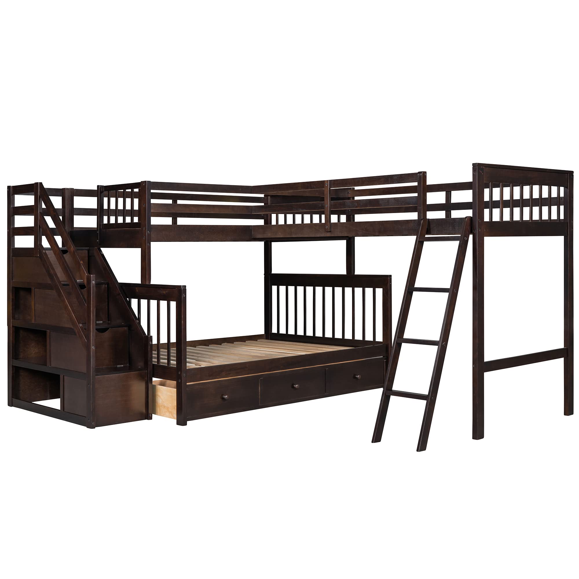 **Citylight Twin Over Full L-Shaped Triple Bunk Bed for Kids - Wooden Corner Bunk Bed with 3 Storage Drawers, Twin Loft Bed, Stairs & Ladder - Space-Saving Bunk Beds for Boys, Girls & Teens in Espresso - Perfect for Small Bedrooms, Shared Kids' Rooms & Vacation Homes**