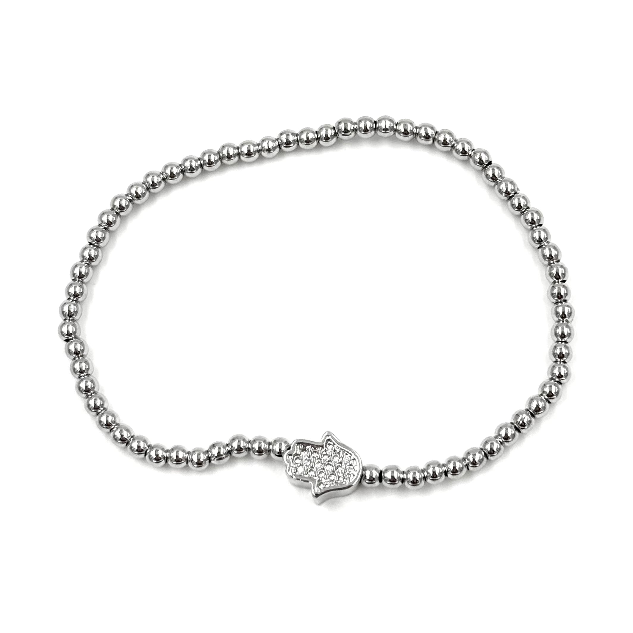 Ashley Gold Stainless Steel CZ Hamsa Hand Stretch Beaded Bracelet for Women - Boho Chic Jewelry for Protection & Good Luck - Perfect for Yoga, Meditation & Everyday Wear