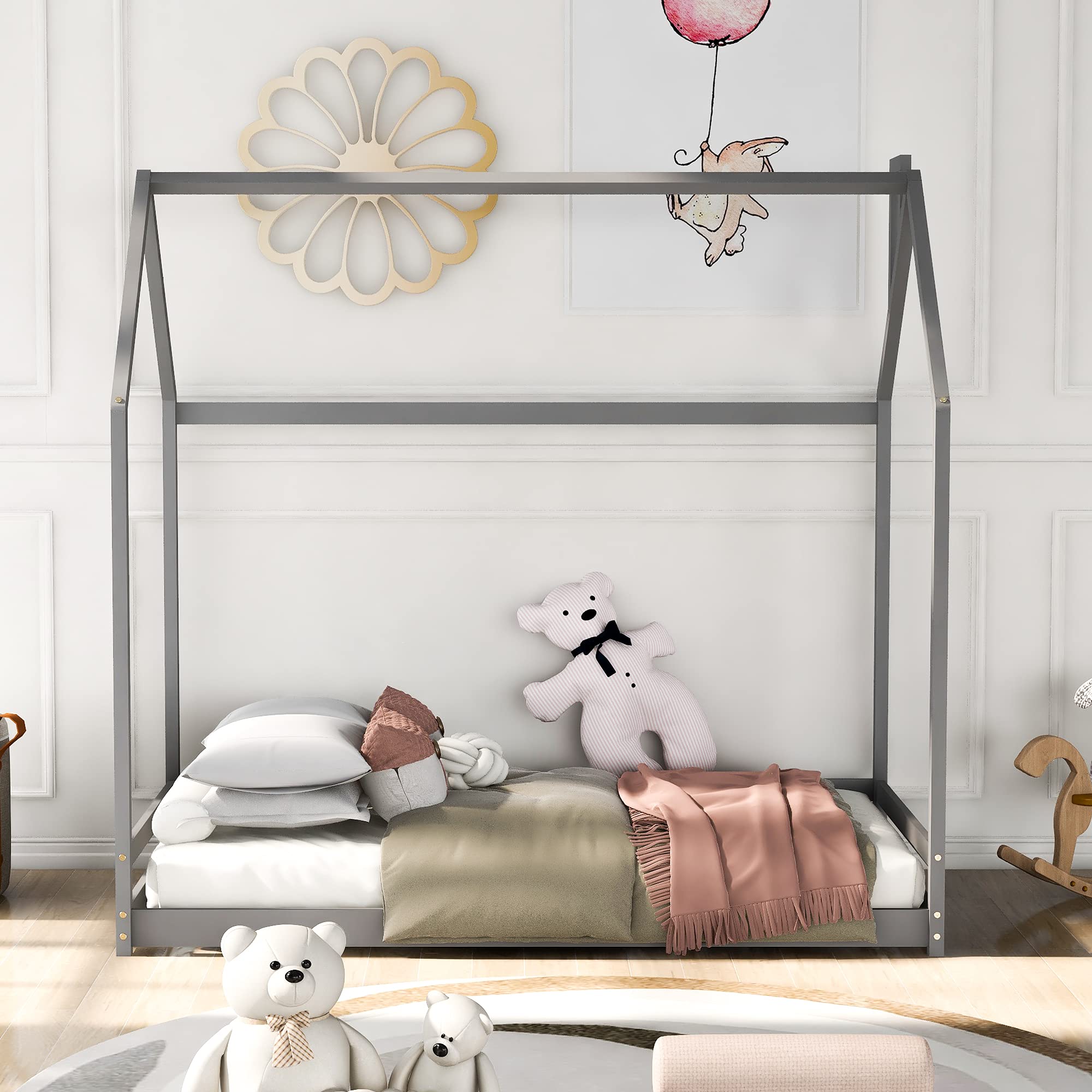 Merax Twin Size Wooden House Bed with Roof - Kids Floor Bed for Boys & Girls, Grey - Perfect for Nursery, Playroom & Children's Bedroom Decor