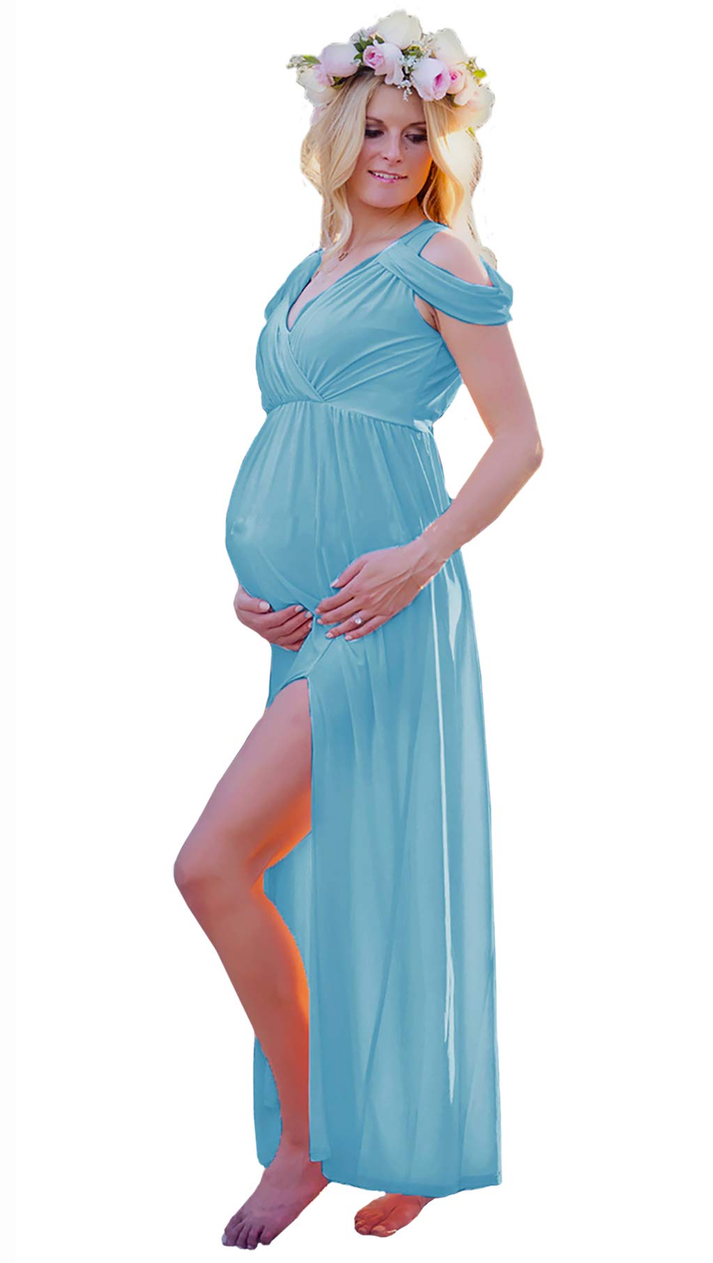 Women's Off Shoulder Maternity Gown - Cotton Photography Dress with Front Slit for Pregnancy - Perfect for Maternity Photos, Baby Showers & Special Occasions