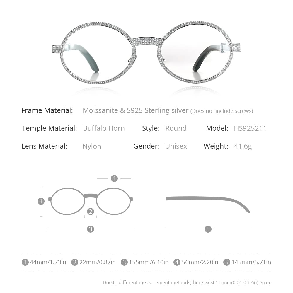 HEPIDEM 925 Sterling Silver Moissanite Buffalo Horn Glasses Frame - 560pcs Luxury Eyeglasses for Men & Women | Perfect for Reading, Fashion Accessories, and Gift Giving