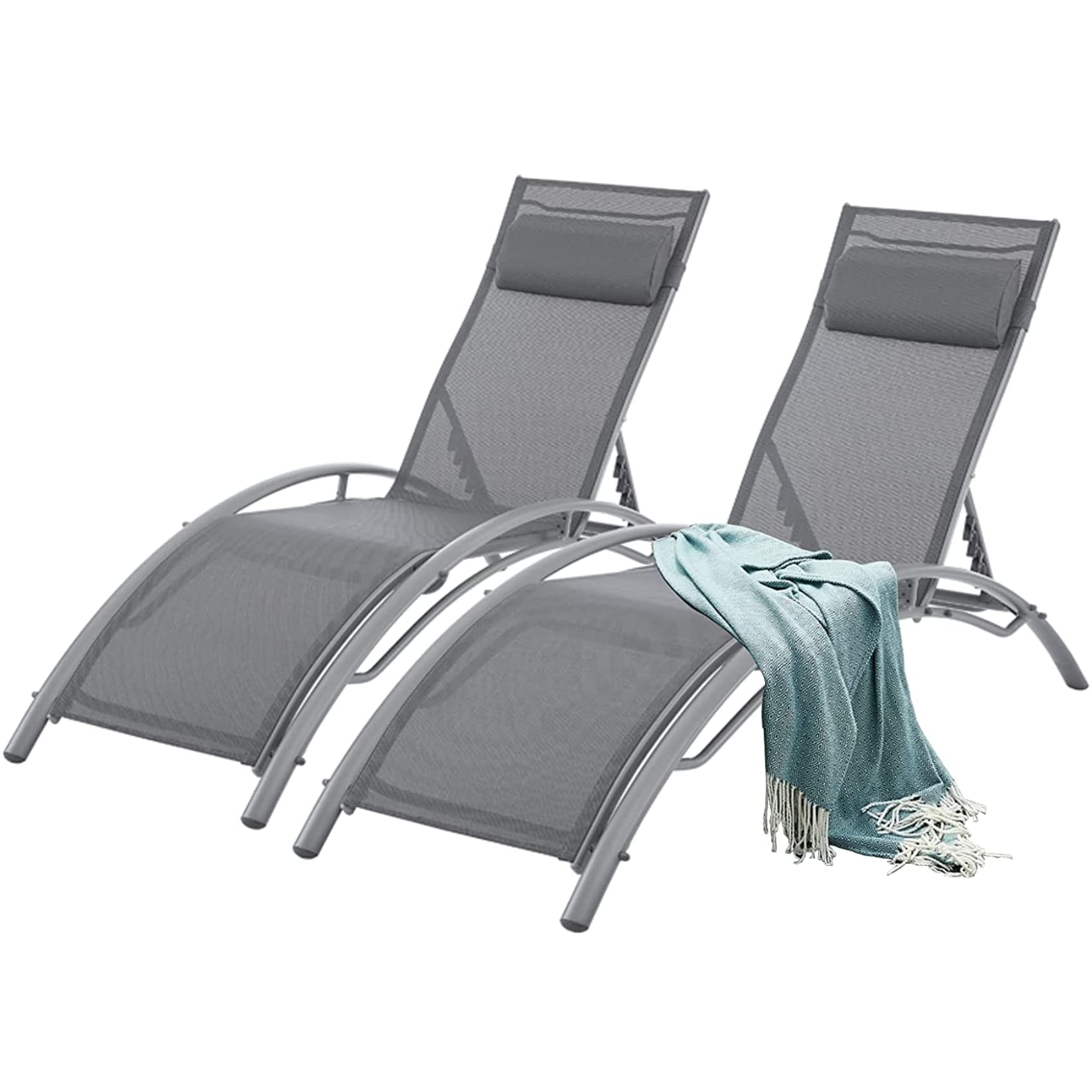 2-Pack Adjustable Reclining Lounge Chairs with Pillows - All-Weather Outdoor Patio Poolside Tanning Chairs for Backyard, Beach & Garden Relaxation (Gray)