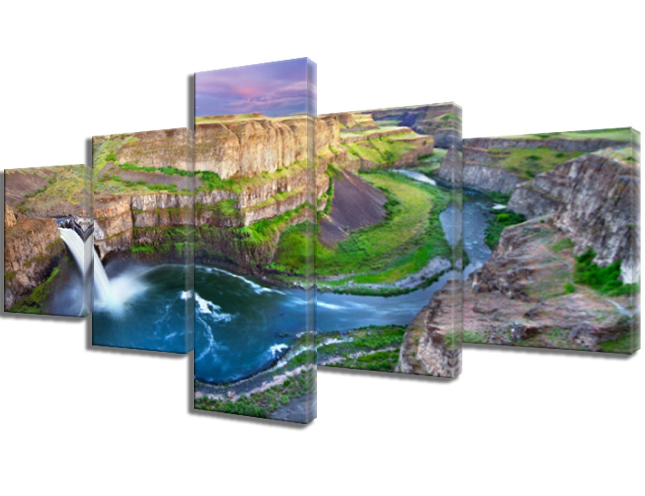 5-Piece Canvas Wall Art Set - Stunning Palouse Falls at Sunset Painting, Framed & Stretched Ready to Hang (50''W x 24''H) - Perfect Living Room Decor for Modern Homes | Washington USA Landscape Art | Ideal for Housewarming Gifts & Office Wall Decor