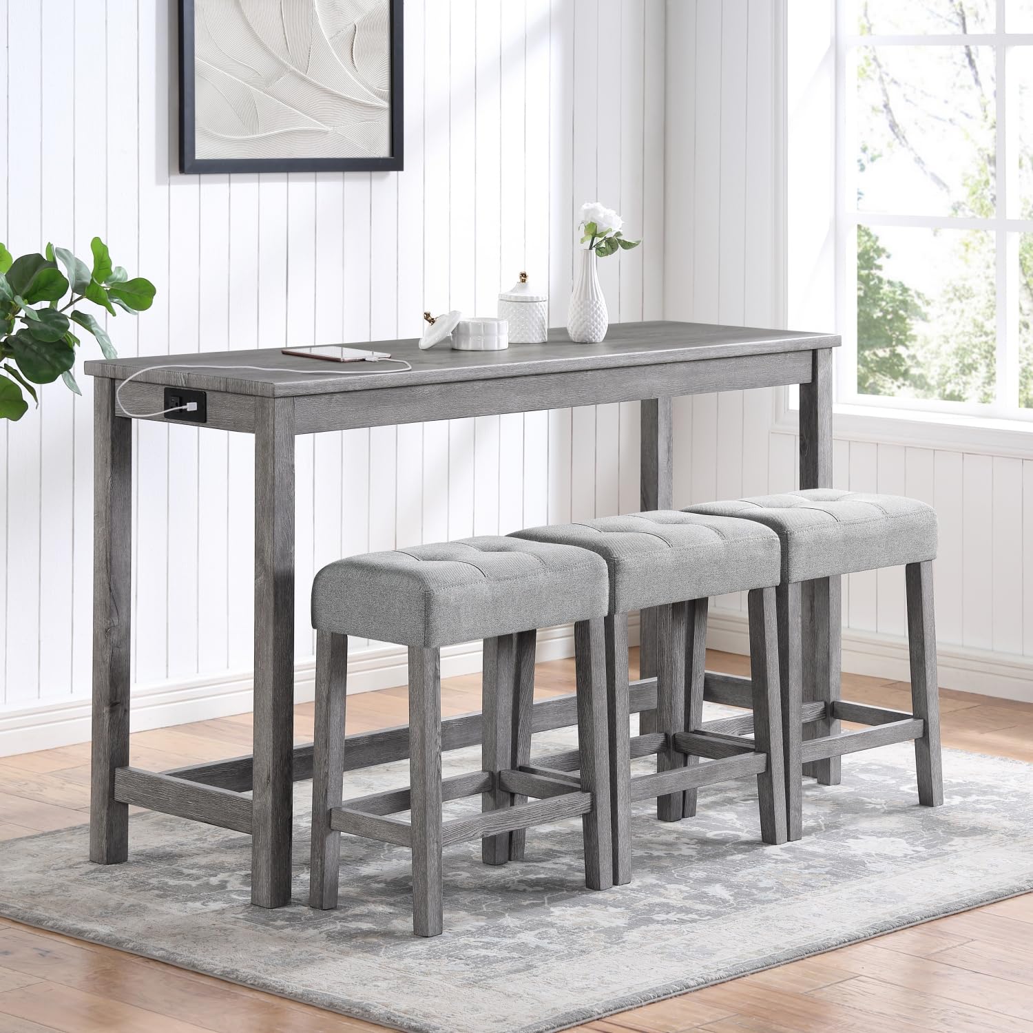 Solid Wood Counter Height Pub Table Set with 3 Upholstered Stools, MDF Top Rectangular Bar Table with Charging Ports, Perfect for Kitchen, Dining Room, Living Room, and Small Space Entertaining