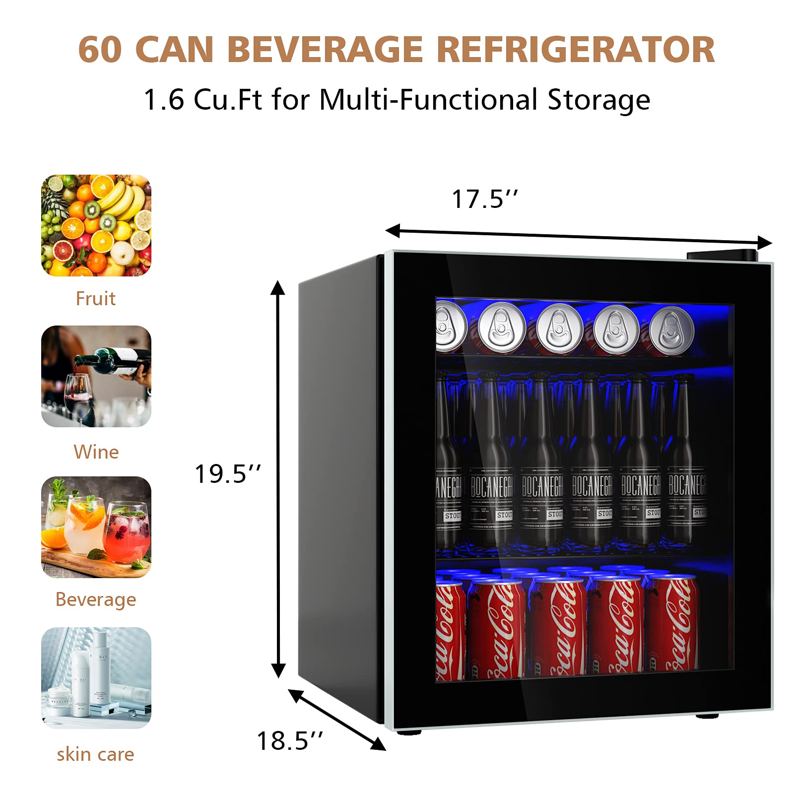 ARLIME 60 Can Mini Fridge with Glass Door - Compact Beverage Refrigerator & Drink Dispenser for Office, Home, Kitchen & Bar - 1.6 Cu.Ft Adjustable Shelves Small Refrigerator - Perfect for Chilling Drinks, Storing Snacks & Organizing Your Space