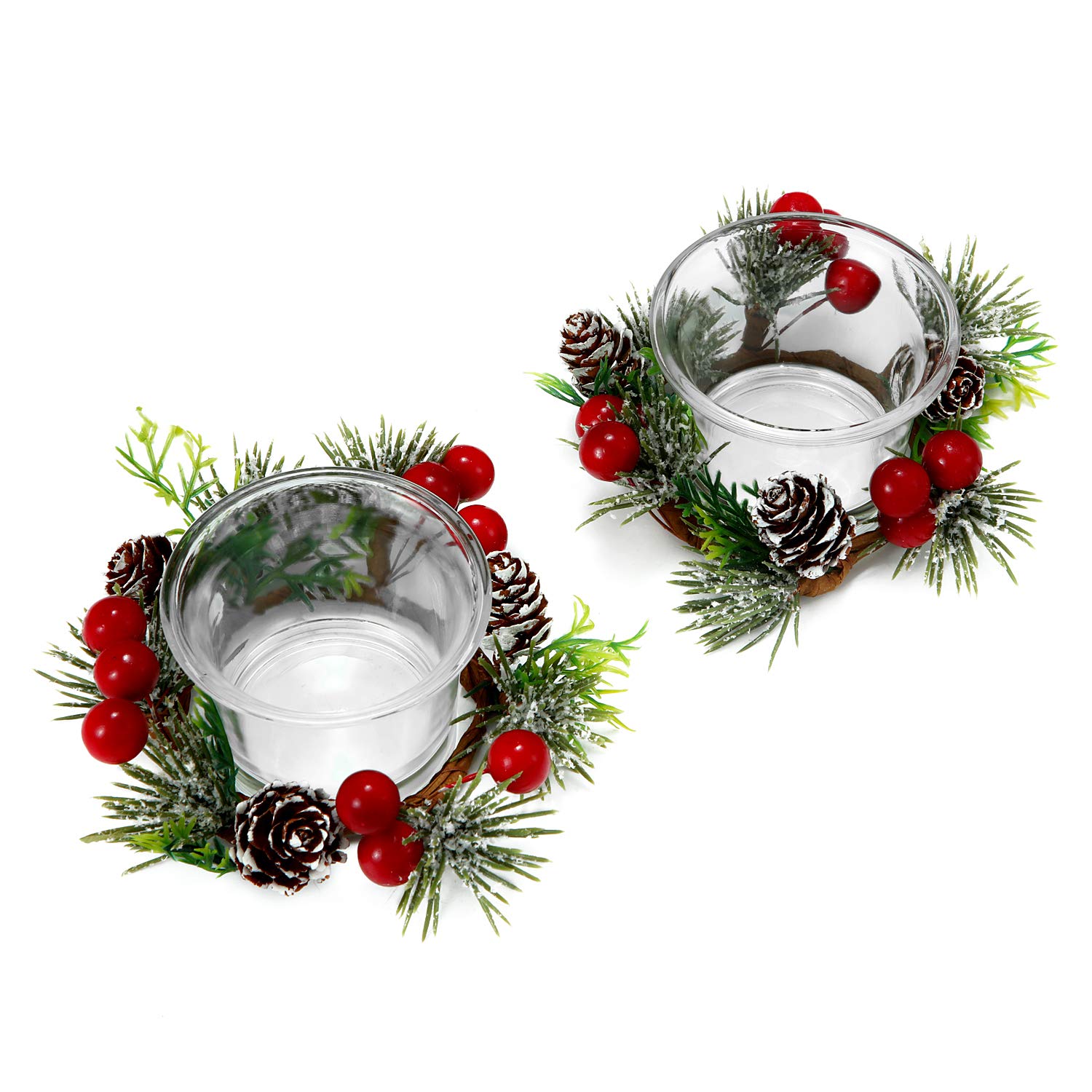 OYATON Set of 2 Christmas Glass Votive Candle Holders with Snowy Pinecone Berry Candle Ring - Elegant Tealight Holders for Home Decor, Wedding Centerpieces, Living Room & Bedroom Ambiance (Candles Not Included) | Perfect for Holiday Tablescapes, Cozy Winter Evenings & Festive Gift Giving