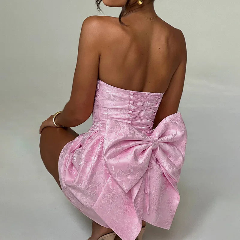 Sexy Backless Bow Mini Dress for Women - Off Shoulder Strapless Sleeveless Bodycon Party Club Dress | Elegant Night Out, Date Night, Cocktail Party, Summer Vacation Outfit