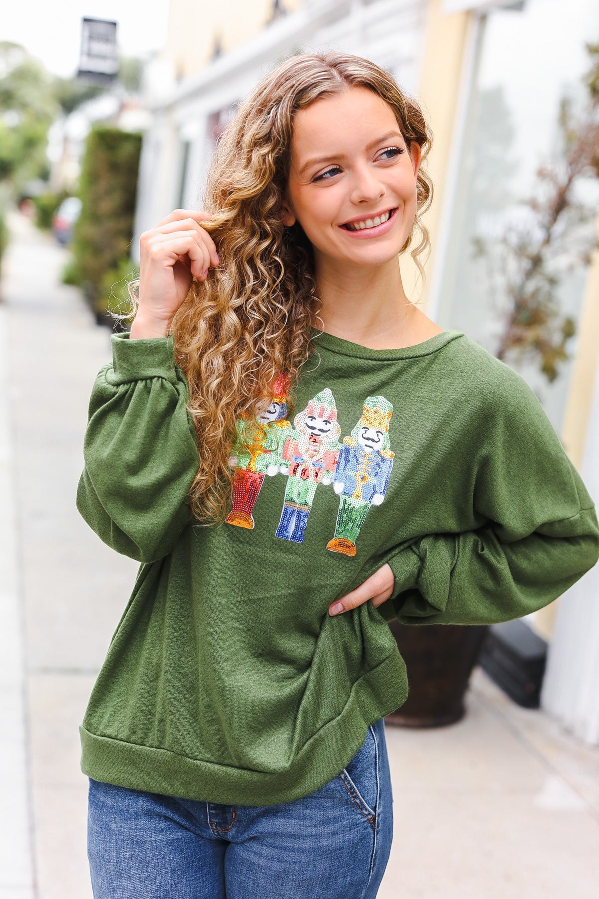 Festive Be Merry Forest Green Nutcracker Sequin Hacci Sweater Top for Christmas Party & Holiday Gatherings