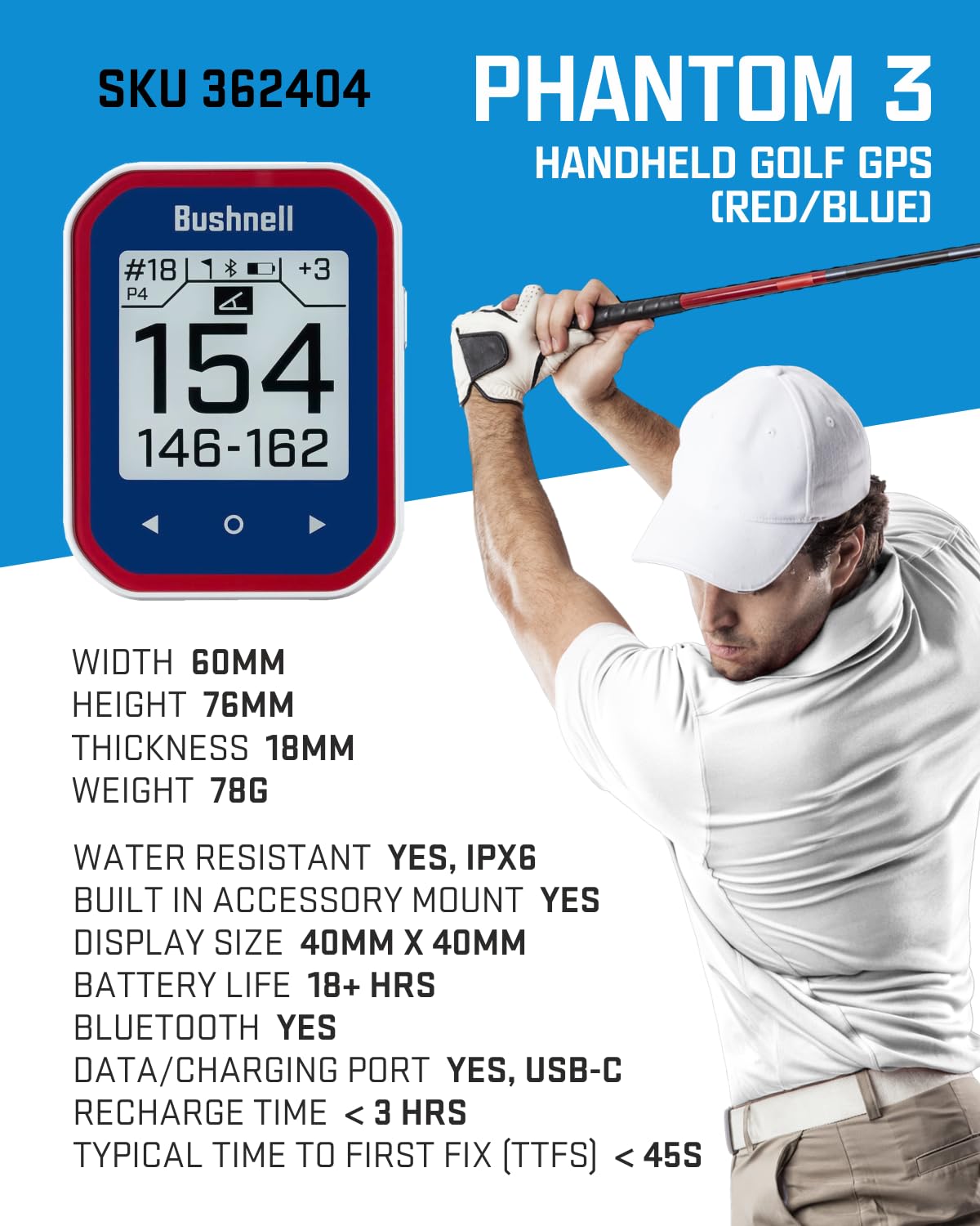 Bushnell Phantom 3 Slope GPS Golf Rangefinder with Slope Technology - Touchscreen Display, Magnetic Cart Mount, Blue & Lens Cloth Bundle - Perfect for Golf Course Distance Measurement and Shot Planning