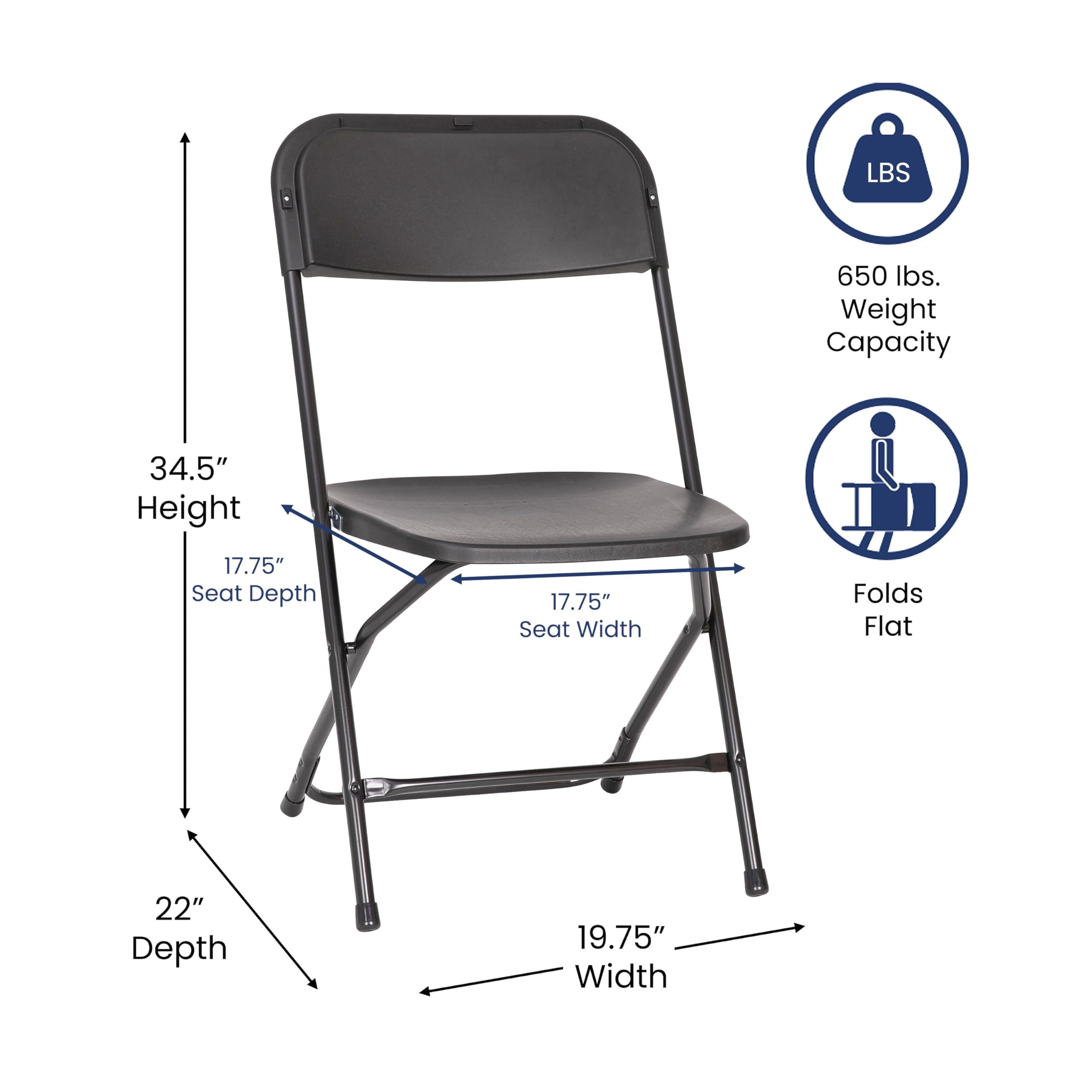 EMMA + OLIVER 4 Pack Extra Wide Folding Chairs - Heavy Duty Black Polypropylene Seats with Sturdy Metal Frame - Supports 650 lbs - Protective Floor Glides for Indoor & Outdoor Use - Perfect for Parties, Camping, and Events