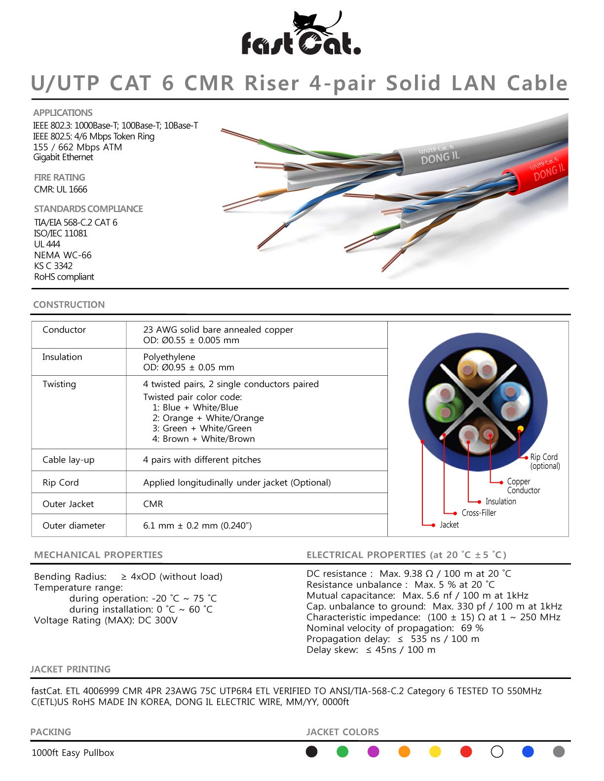 High-Speed Cat 6 Ethernet Cable 1000ft (Blue) - 23 AWG, CMR Rated, Solid Bare Copper Wire, Noise-Reducing Cross Separator - 550MHz/10Gbps UTP LAN Cable for Home, Office & Data Center Networking