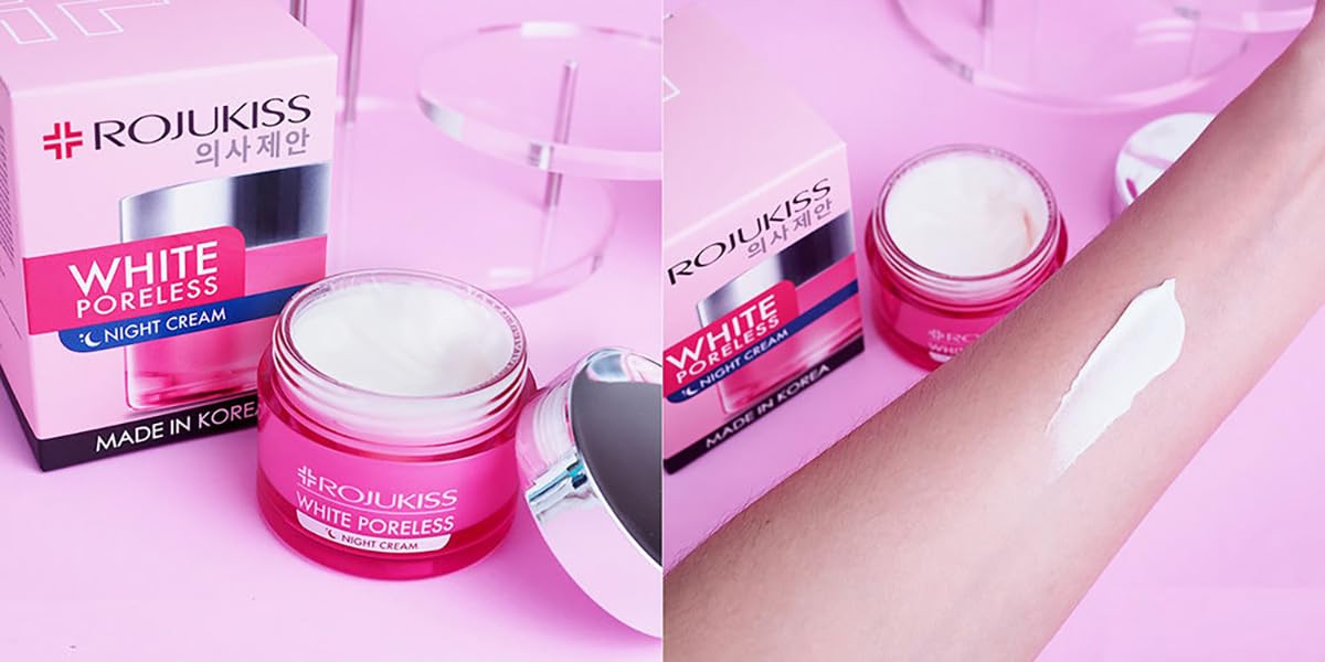 Rojukiss White Poreless Night Cream 45ml (3-Pack) - Korean Moisturizing & Nourishing Skin Care for Dry Skin | Perfect for Nighttime Routine & Pore Minimizing | Includes Free Tomato Facial Mask