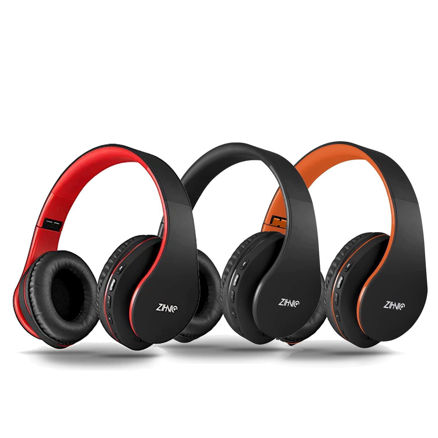 Zihnic Wireless Headphones Bundle - 3-Pack Over-Ear & Foldable Headsets (Black, Black/Red, Black/Orange) for Travel, Gaming & Work | Noise Cancelling Bluetooth Headphones