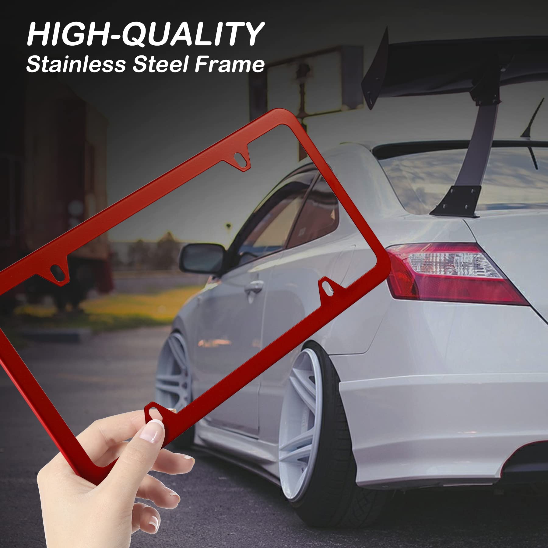 Premium 2-Pack Stainless Steel License Plate Frames for US Vehicles - 4 Hole Design with Included Screws, Washers & Caps - Durable Car Exterior Accessories (Red) - Perfect for Customization & Vehicle Protection in All Weather Conditions
