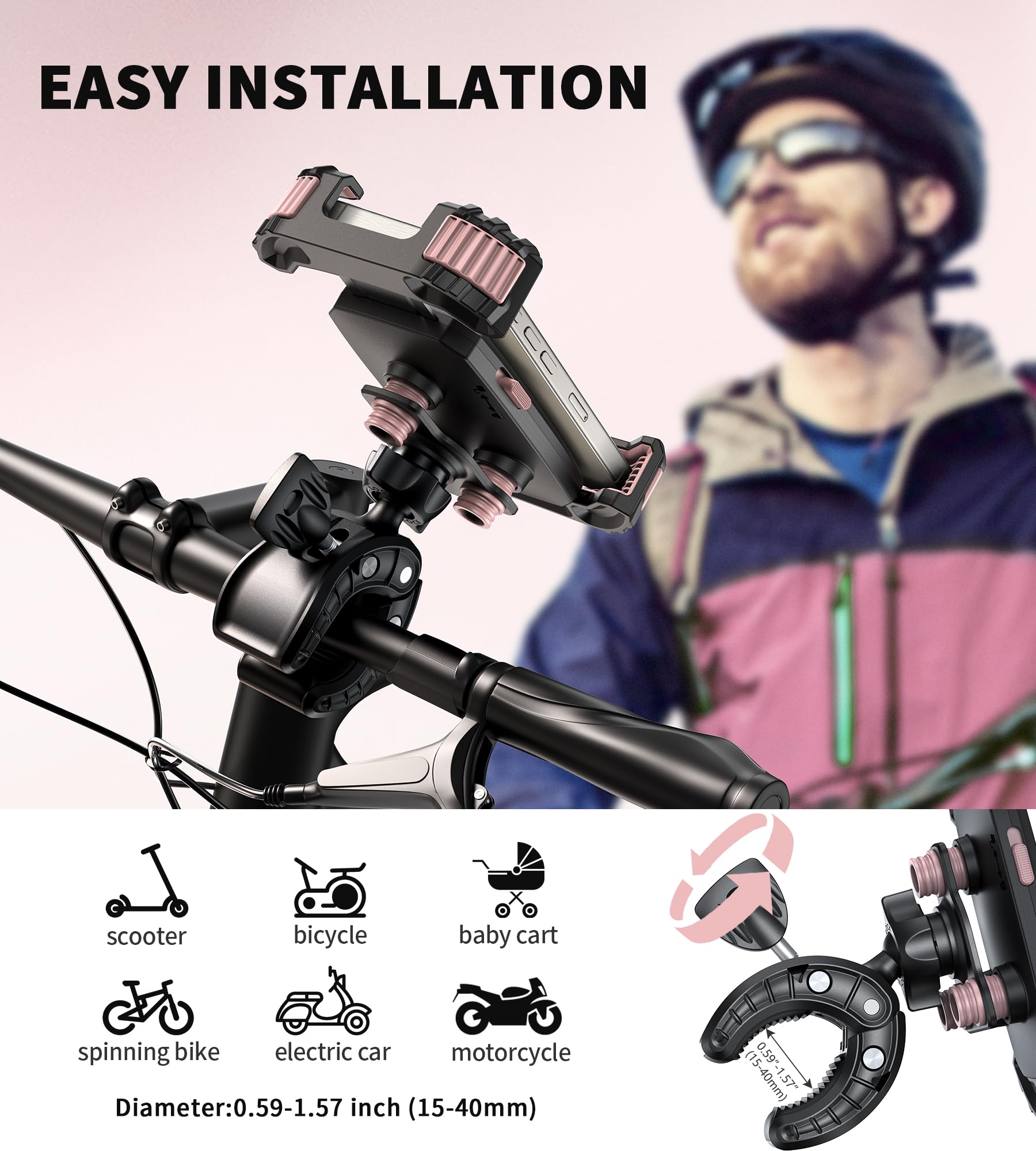 Motorcycle Phone Mount - Anti Vibration Bike Phone Holder for Motorcycles & E-Bikes | Universal Smartphone Cradle for Women & Men | Perfect Birthday Gift & Motorcycle Accessories (Pink) | Ideal for Commuting, Road Trips & Outdoor Adventures