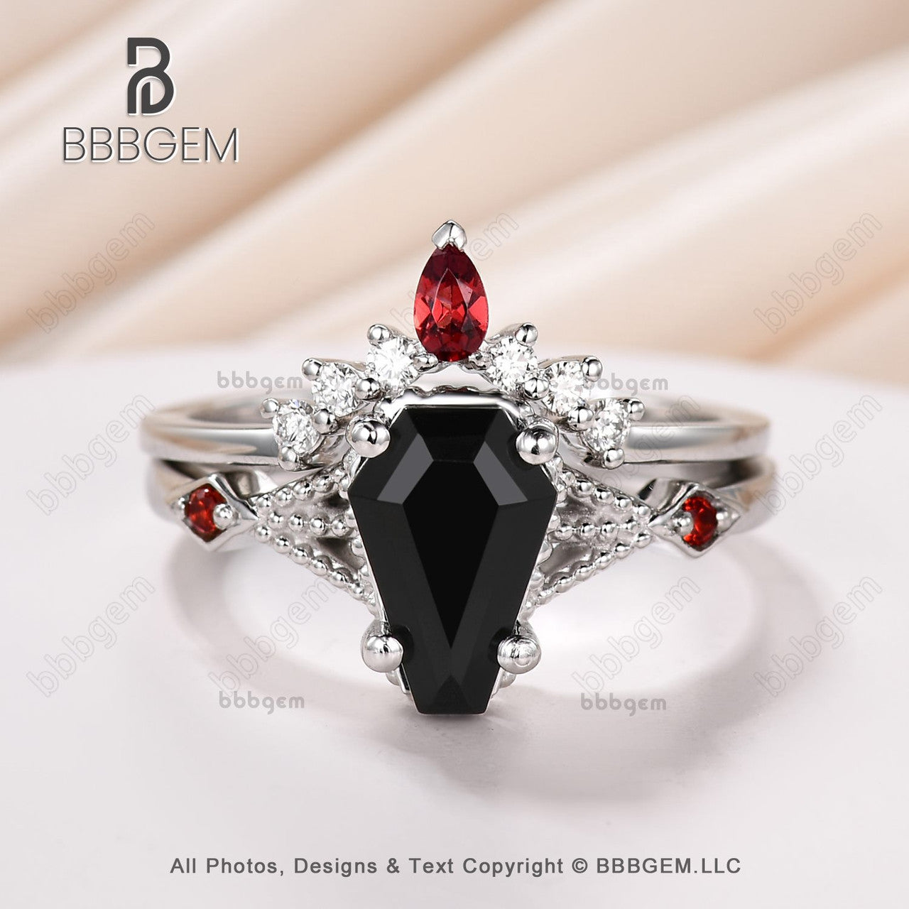 Platinum Coffin Black Spinel & Diamond Wedding Ring Set - 9x6mm Coffin Shaped Onyx & Natural Garnet Engagement Rings for Women | Perfect for Gothic Weddings, Alternative Fashion & Unique Jewelry Lovers
