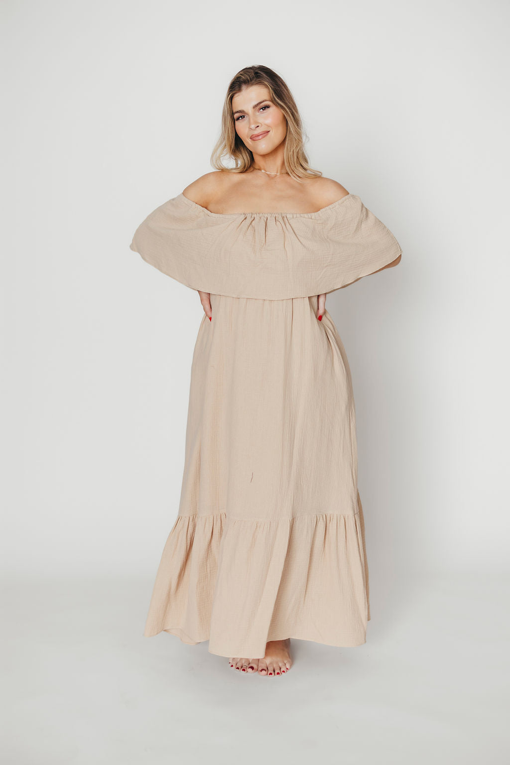 Josie 100% Cotton Maxi Dress in Beige - Bump & Nursing Friendly Maternity Dress for Pregnancy & Breastfeeding | Perfect for Casual Outings, Baby Showers & Nursing Comfort
