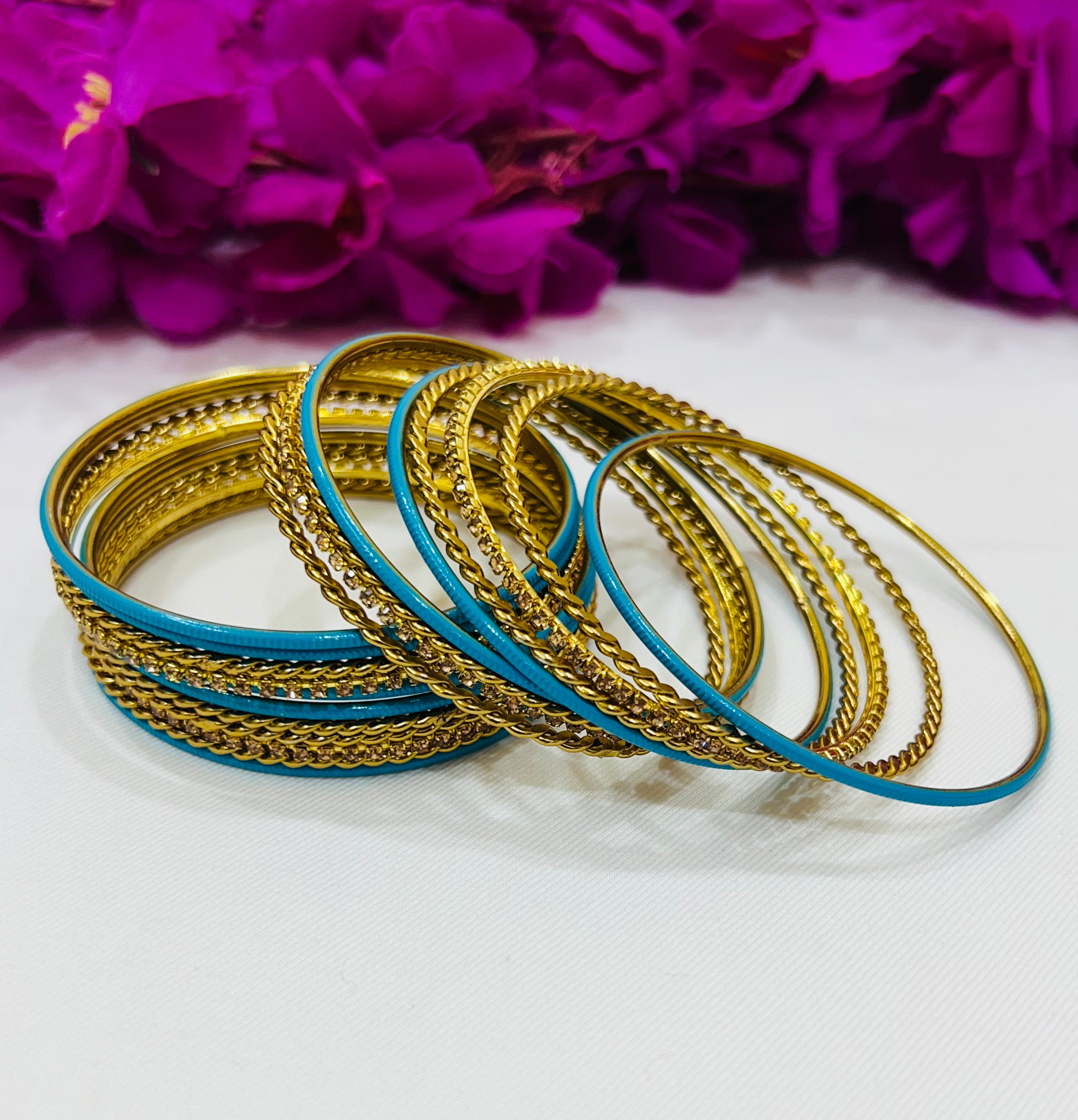 Stylish Sky Blue Metal Bangles with Elegant Gold Spiral Design - Trendy Women's Fashion Jewelry for Parties, Weddings & Everyday Wear