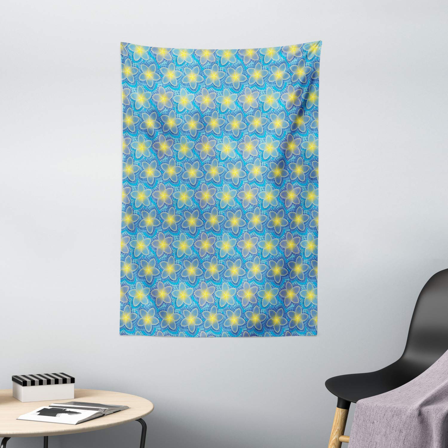 Ambesonne Floral Yellow Tapestry - Exotic Dot Plumeria Petals on Mosaic Backdrop Wall Hanging Decor for Bedroom, Living Room, Dorm - 40x60 Inches in Sky Blue & Yellow - Perfect for Boho Home Decor, Yoga Studio & Photo Backdrop