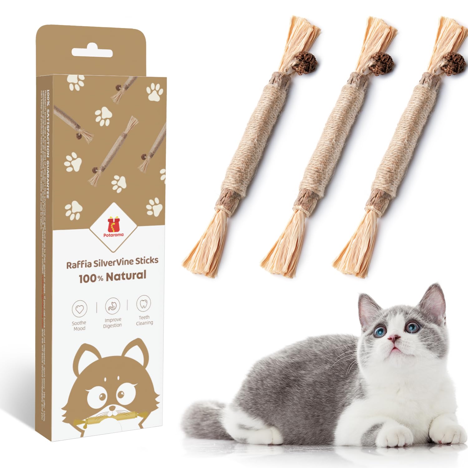 Potaroma 3 Pack Natural Silvervine Sticks for Cats - Catmint Silvervine Blend Chew Toys, Teeth Cleaning & Dental Care Treats, Edible Kitty Lick Sticks for Kittens, Perfect for Indoor Play & Stress Relief