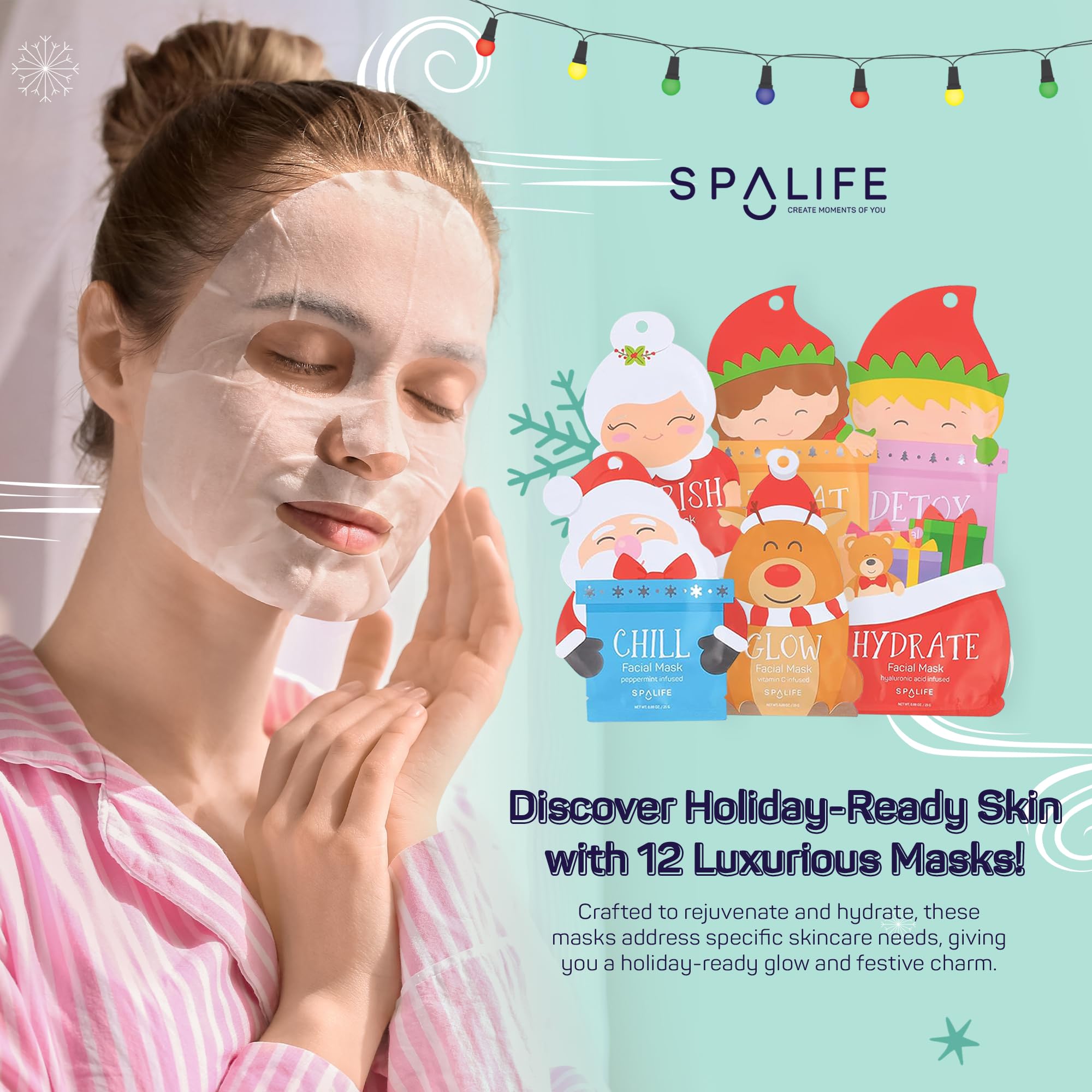 SpaLife Santa's Squad Hydrating Facial Sheet Masks - 12 Pack Korean Skincare for Moisturizing, Soothing & Glowing Skin - Perfect for Self-Care, Spa Day & Holiday Gifts