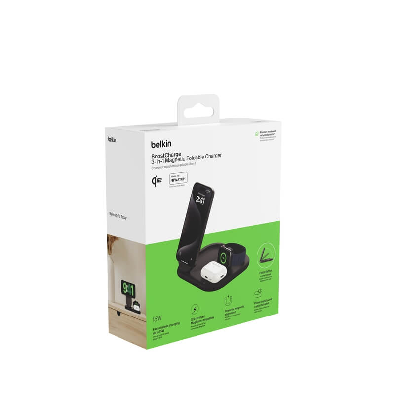 Belkin 3-in-1 Qi2 Wireless Charging Station (MGS/BLK) - Fast Charging for iPhone, Apple Watch & AirPods - Perfect for Home, Office & Nightstand