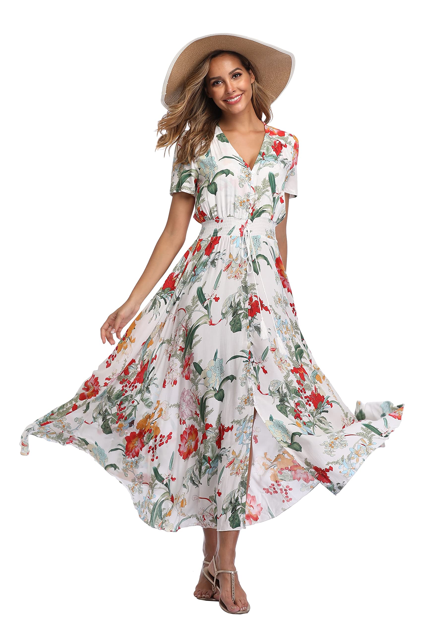 Boho Floral Maxi Dress for Women - Summer Button Up Beach Dress with Side Slit & Flowy Skirt | Perfect for Beach Parties, Vacations & Casual Outings
