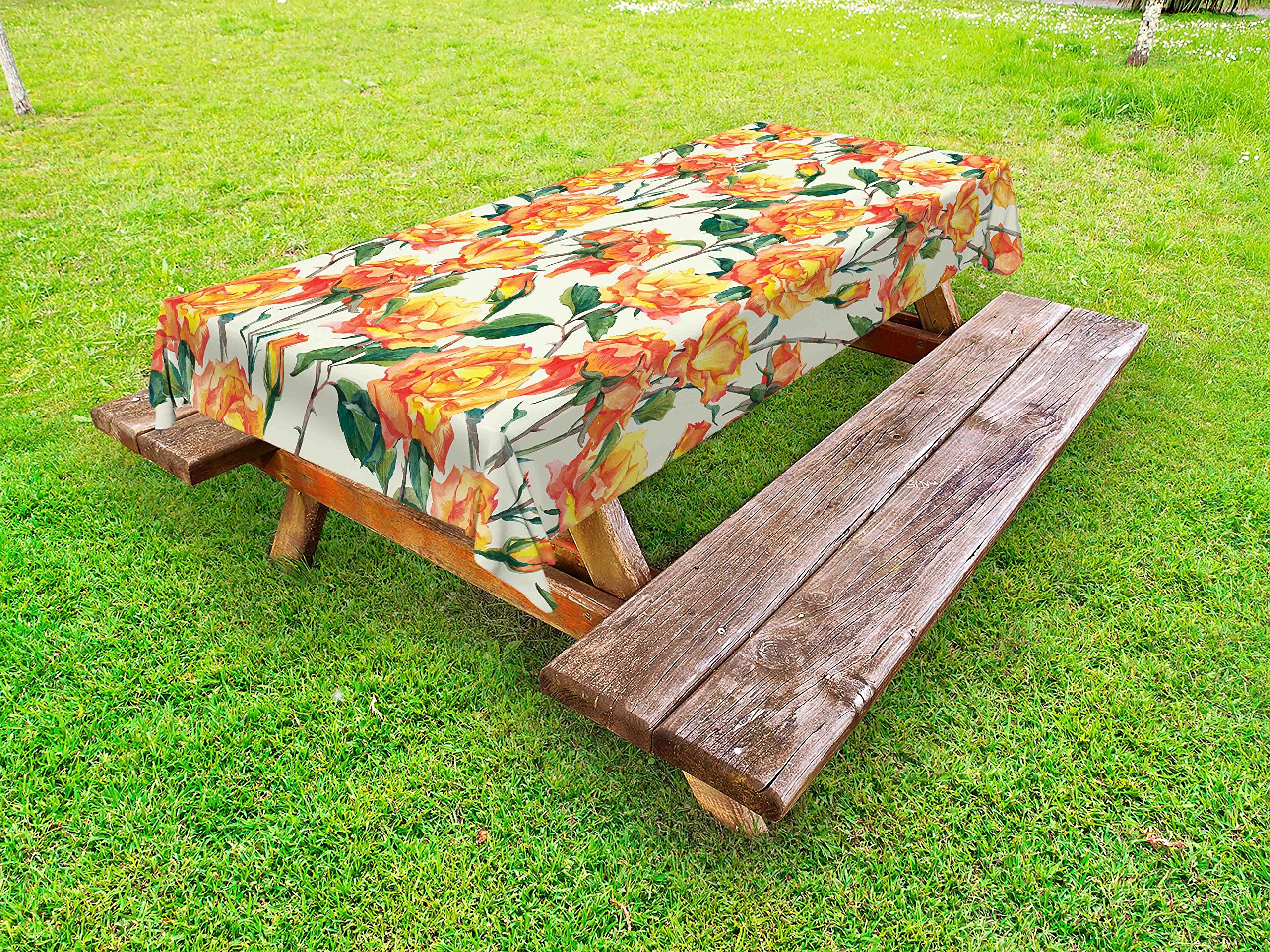 Ambesonne Vintage Rose Outdoor Tablecloth - Washable Picnic Table Cover 58x120 Inches in Cream Orange Green | Elegant Floral Design for Garden Parties, Patio Dining & Outdoor Decor