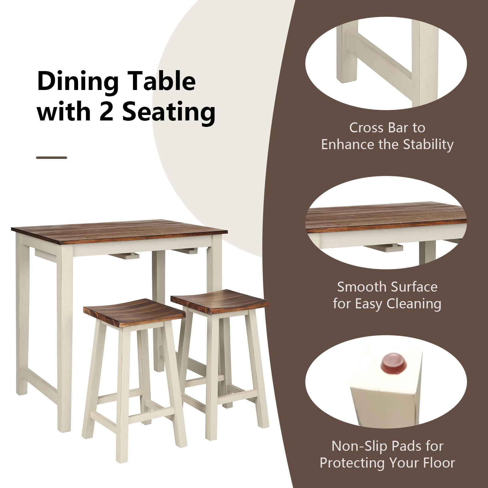 COSTWAY 3-Piece Counter Height Dining Set with 2 Saddle Stools - Industrial Style Wooden Pub Table for Breakfast Bar, Kitchen, Living Room & Restaurant | Perfect for Small Spaces, Apartments & Outdoor Patios