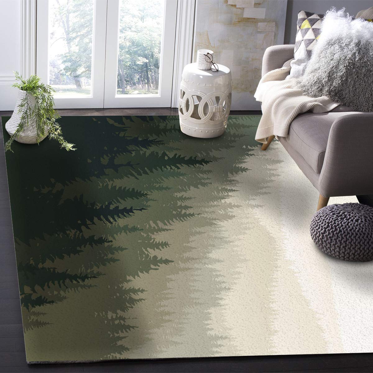 5' x 7' Large Area Rugs for Nursery, Kids Room - Scandinavian Woodland Design with Coniferous Trees - Soft Throw Carpet for Living Room, Bedroom, Kitchen Runner - Modern Floor Covering for Home Decor & Play Areas