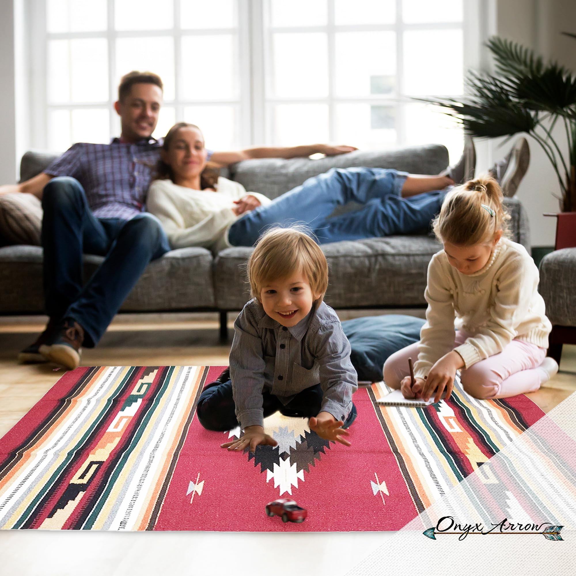 Southwest Boho Washable Area Rug - Indoor/Outdoor Farmhouse Decor Rug - Western Style for Living Room, Dining, Bedroom - Dark Red/Multi Diamond Pattern (32