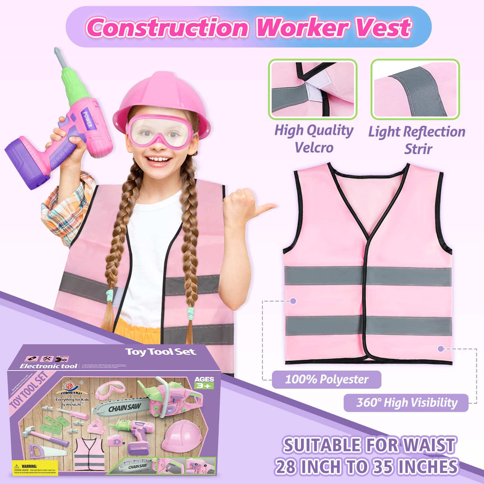 Pink Kids Tool Set for Girls - Toy Chainsaw, Electric Drill & Construction Accessories | STEM Learning Pretend Play Tool Kit for Toddlers Ages 3-7 | Birthday Gift & Indoor Outdoor Playtime Fun