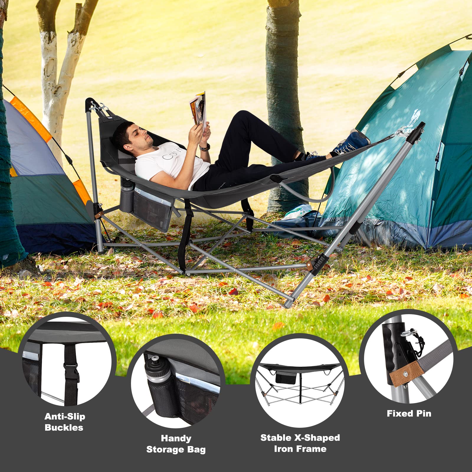 Giantex Portable Folding Hammock with Stand - Lightweight Camping Bed for Indoor & Outdoor Use, Patio Yard Beach Lounge with Side Pocket & Anti-Tip Buckles, Durable Iron Frame (Grey) - Perfect for Camping, Backyard Relaxation, Beach Vacations and Outdoor Adventures