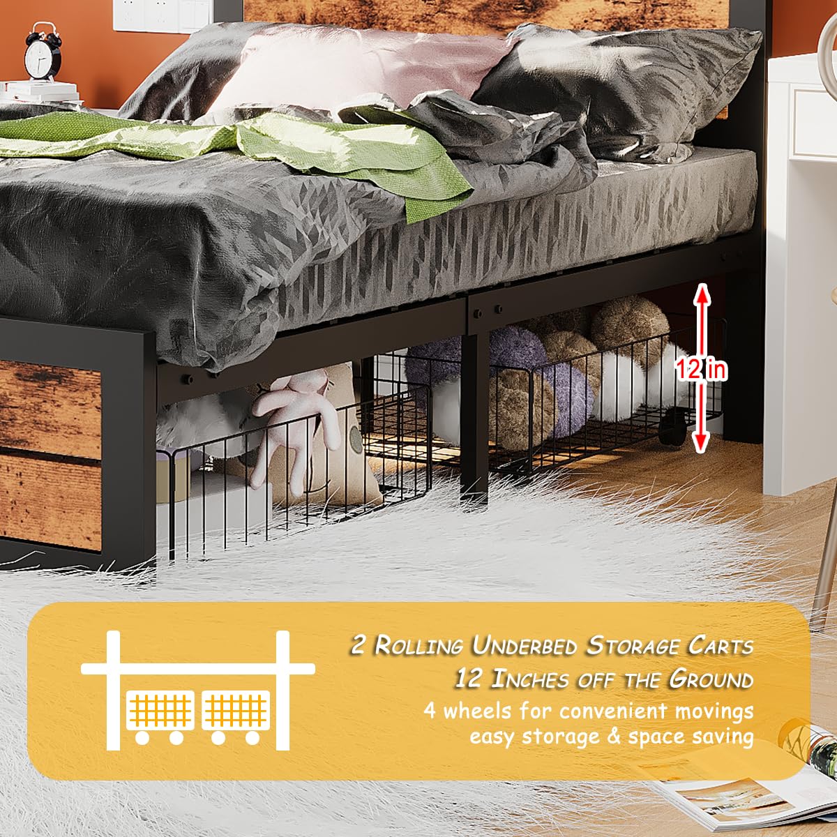 WAYTRIM Twin Platform Bed Frame with Wooden Headboard & Footboard - Industrial Metal Slat Support, No Box Spring Needed, Includes 2 Underbed Rolling Storage Carts - Retro Brown Finish - Perfect for Teens, Kids & Adults Bedrooms, Dorm Rooms or Guest Rooms