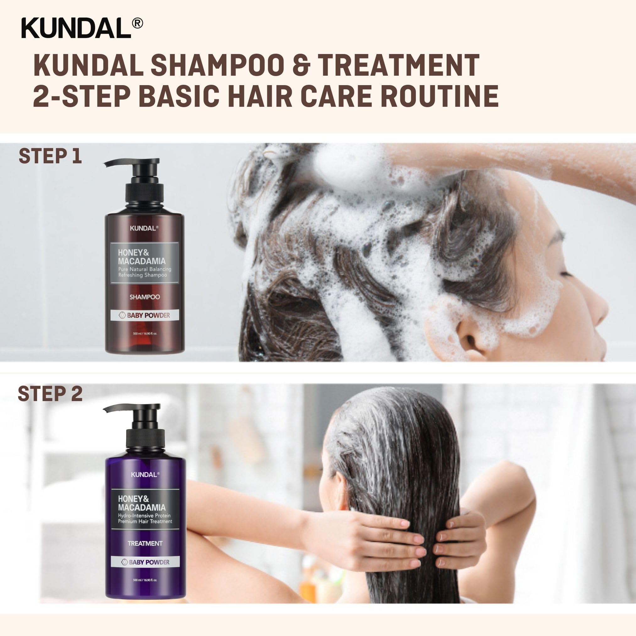 KUNDAL Natural Shampoo and Conditioner Set with Baby Powder Scent - Korean Hair Care for Moisturizing, Nourishing & Frizz Control | Sulfate-Free with Argan & Macadamia Oil (16.9 fl oz, Pack of 2) | Perfect for Dry, Damaged Hair & Daily Hair Care Routine