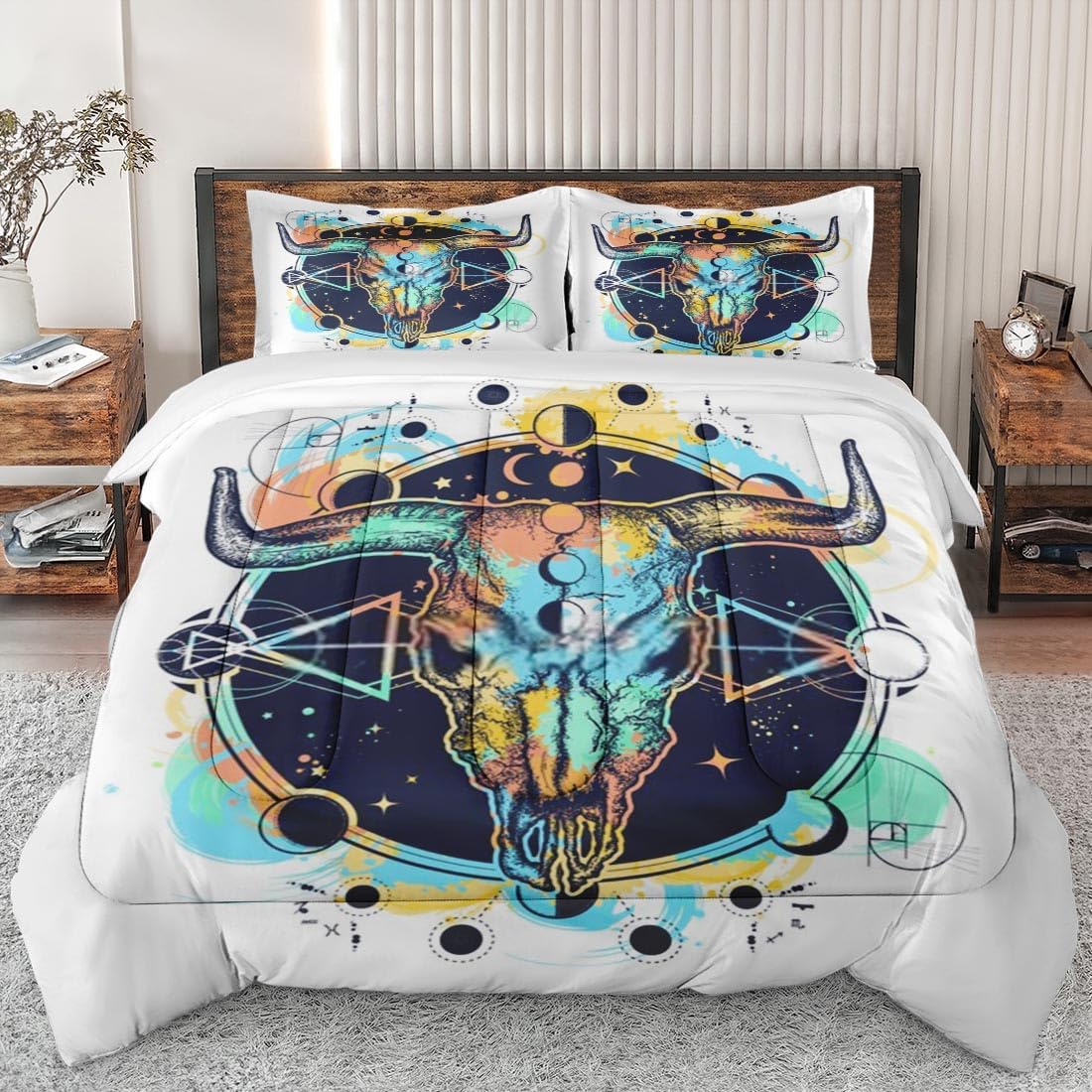 **King Size Skull Print Comforter Set - Soft American Bull Catcher Bedding for Kids & Adults - Buffalo Cow Gothic Design with 2 Pillowcases - Perfect for Bedroom Decor, Halloween, or Gothic-Themed Rooms**