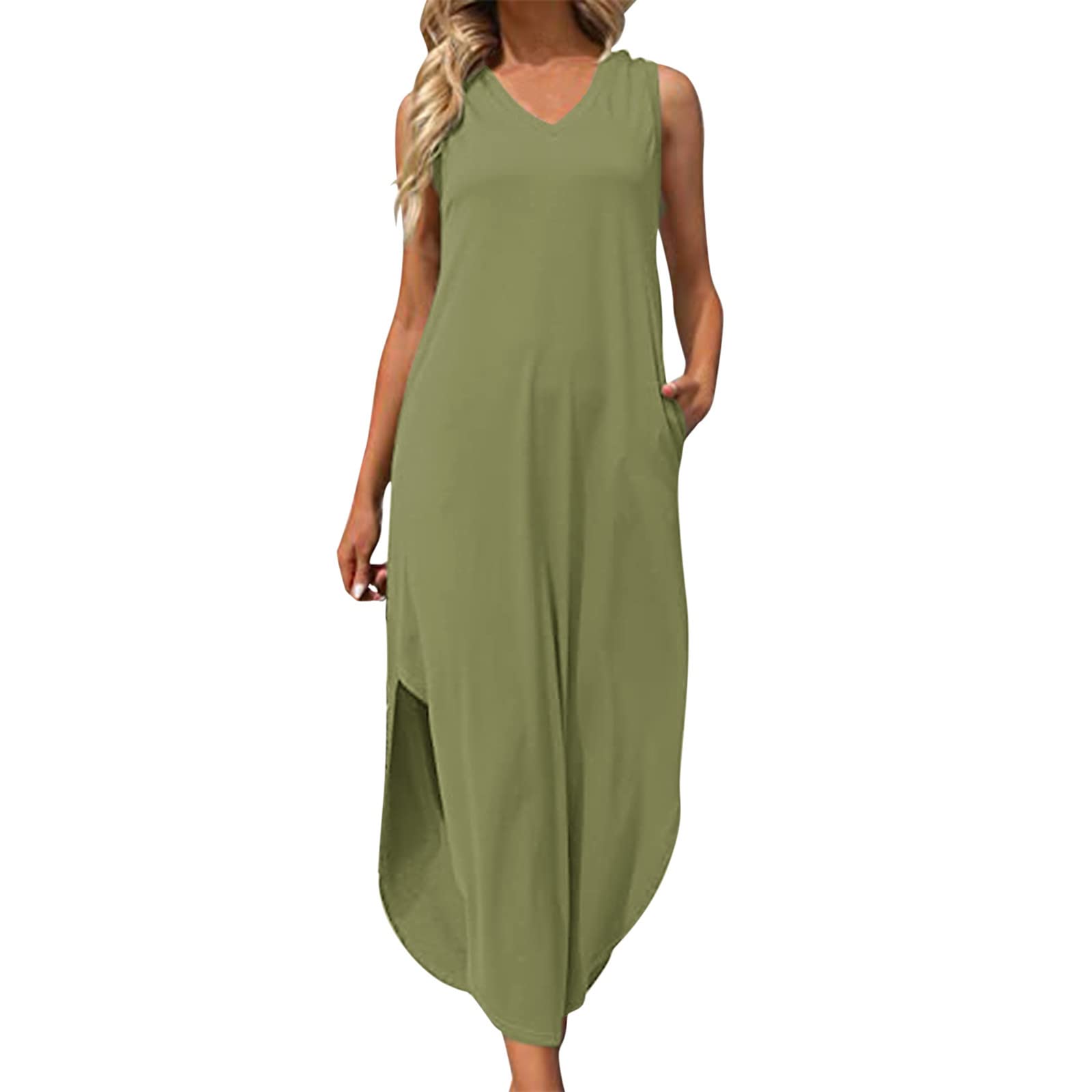 Women's Casual Summer Dress - Sleeveless V-Neck Tank Dress with Pockets | Beach Cover-Up, Lounge Wear & Outdoor Activities