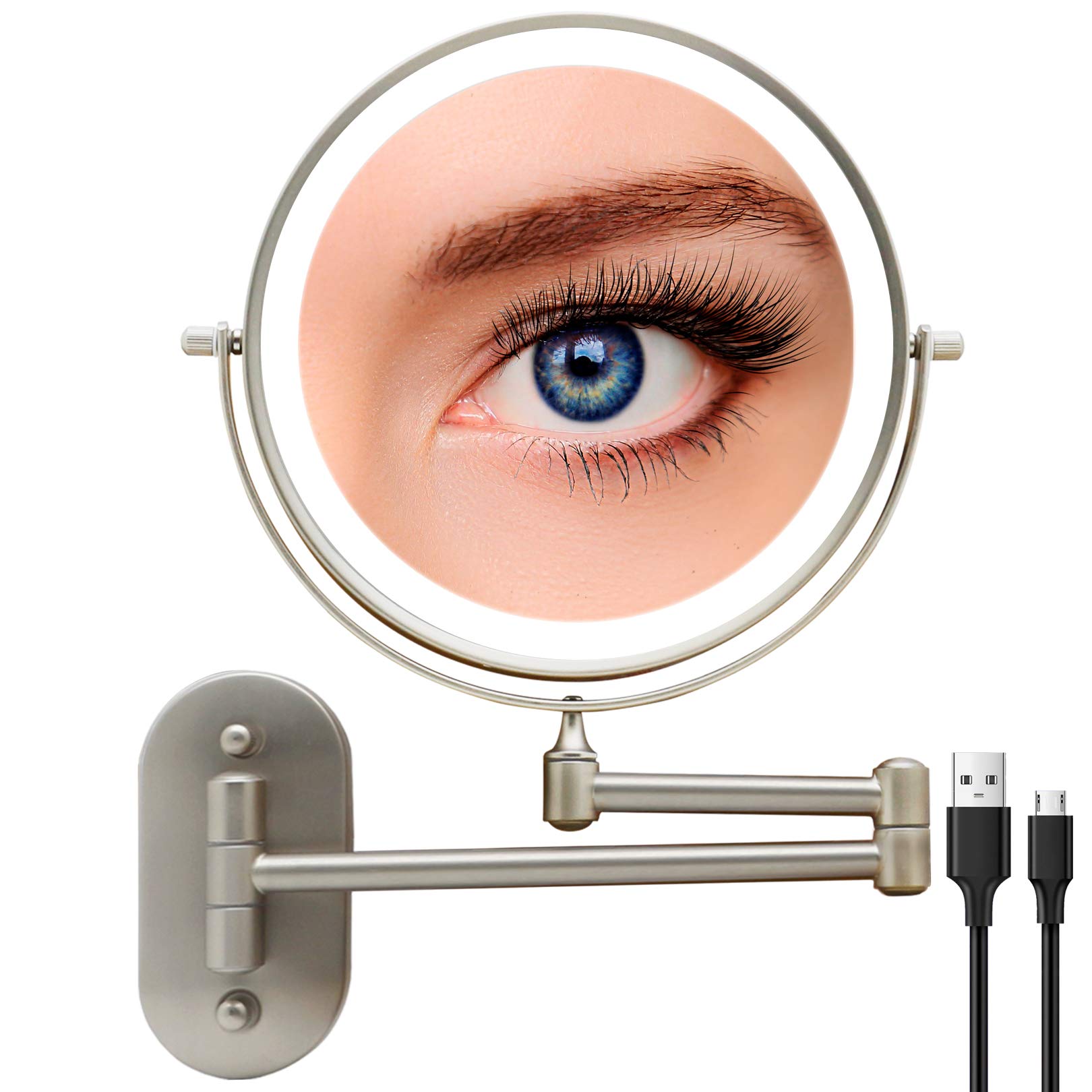 FASCINATE 8'' Rechargeable LED Makeup Mirror - Wall Mounted & Extendable Vanity Mirror with 1X/10X Magnification, 3 Color Lighting Modes & Touch Dimming - Perfect for Bathroom, Bedroom & Dressing Room Makeup Application