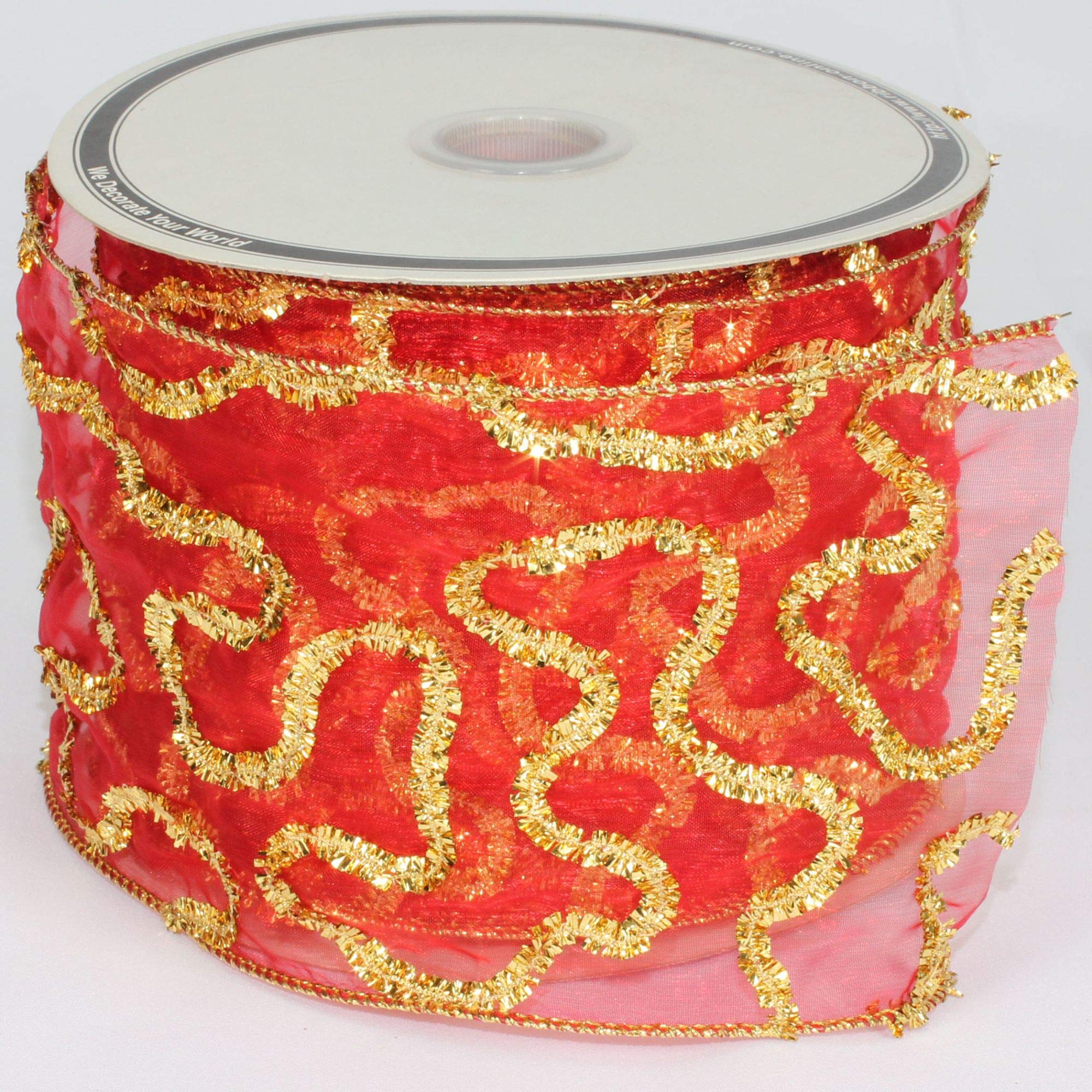 Sheer Red with Gold Swirl Wired Craft Ribbon 4