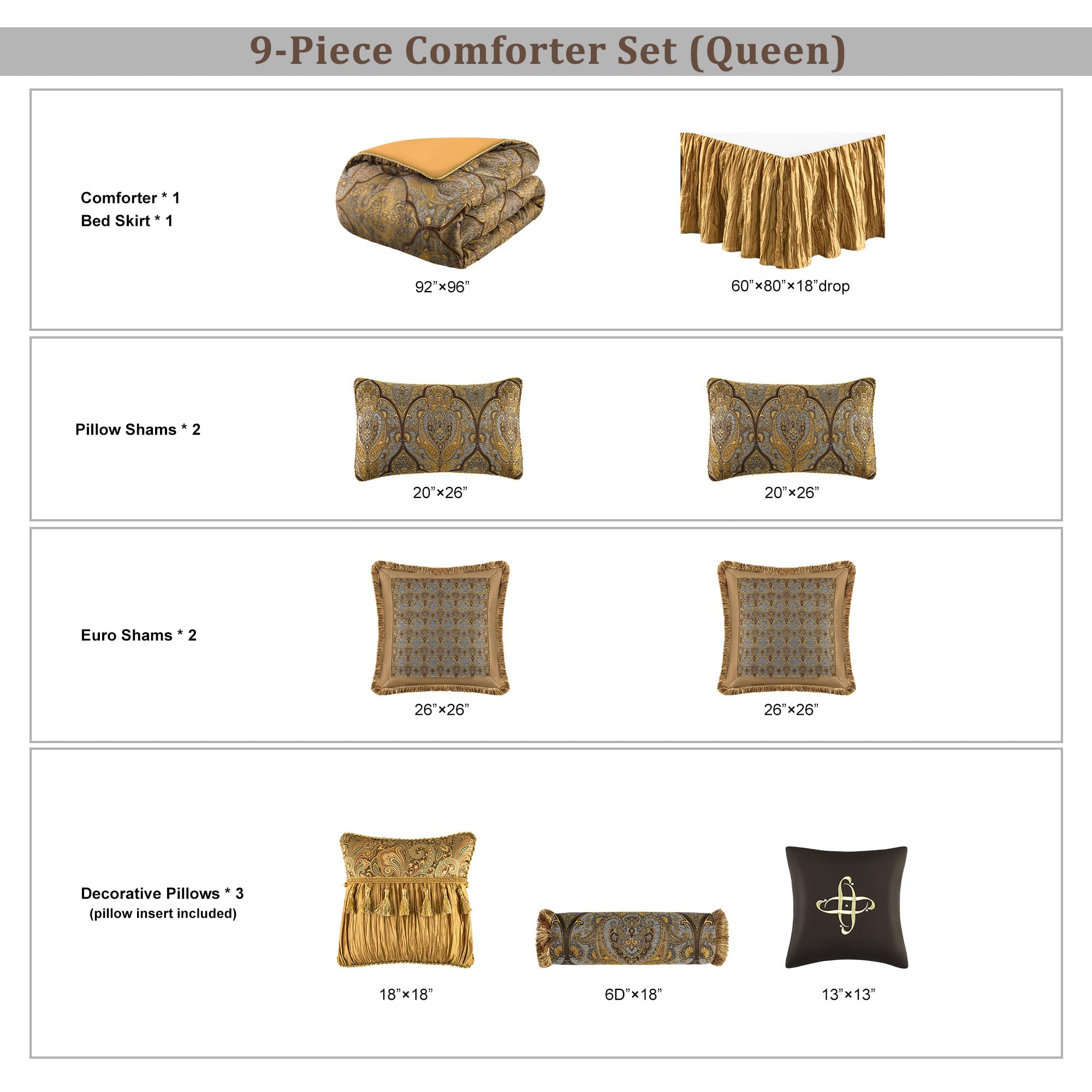 Luxury 9-Piece Jacquard Comforter Set Queen Size - Classic Antique Damask Bedding with Euro Shams, Bedskirt & Decorative Pillow - Ultra Soft Loom and Mill Collection (Cambridge Design) for Elegant Bedroom Decor