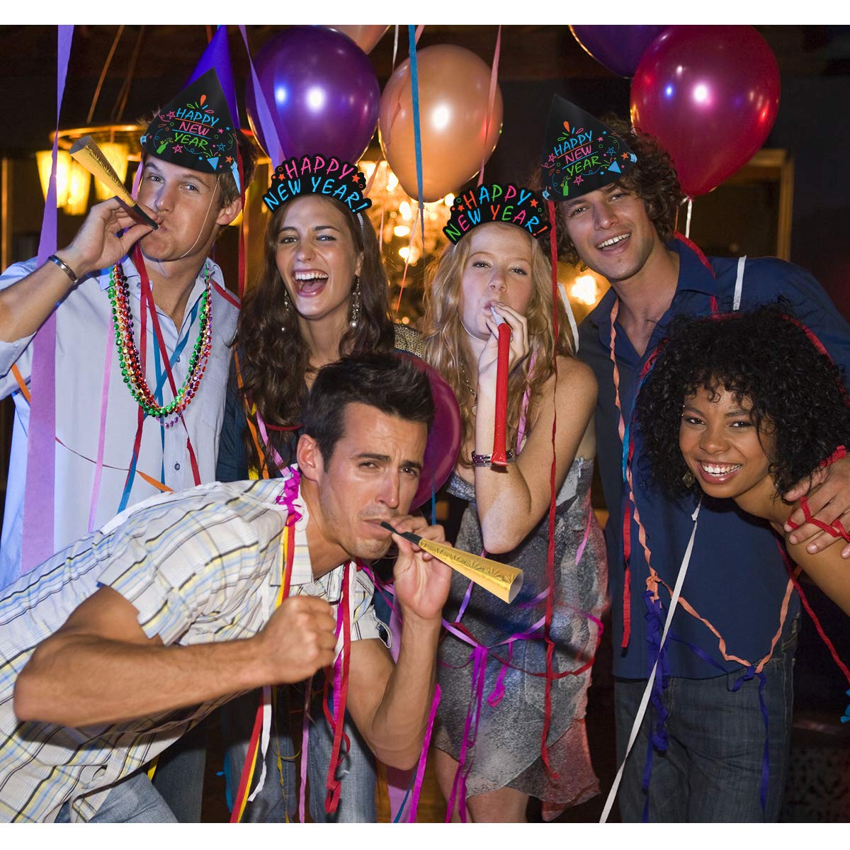 Amosfun 2020 New Year Party Photo Booth Props Kit - 25-Pack Includes Happy New Year Hats, Headbands & Noise Makers for NYE Celebration - Perfect for New Year's Eve Parties, Countdown Events & Family Gatherings