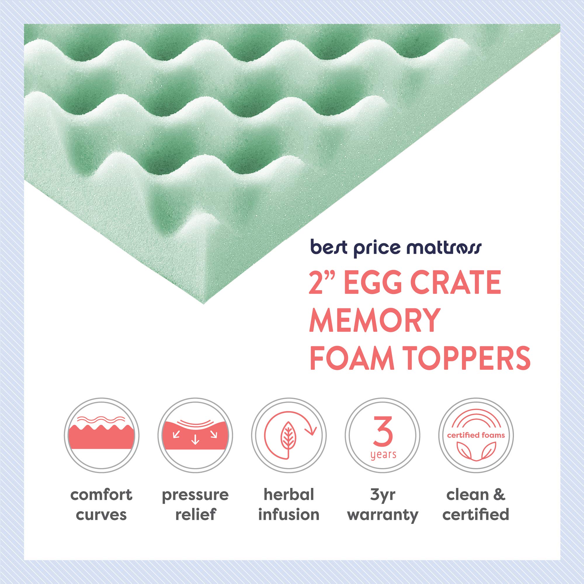 2 Inch Egg Crate Memory Foam Mattress Topper with Aloe Infusion - CertiPUR-US Certified, Queen Size, Green | Cooling Bed Topper for Pressure Relief & Back Pain | Perfect for Guest Beds, Dorms & Hot Sleepers