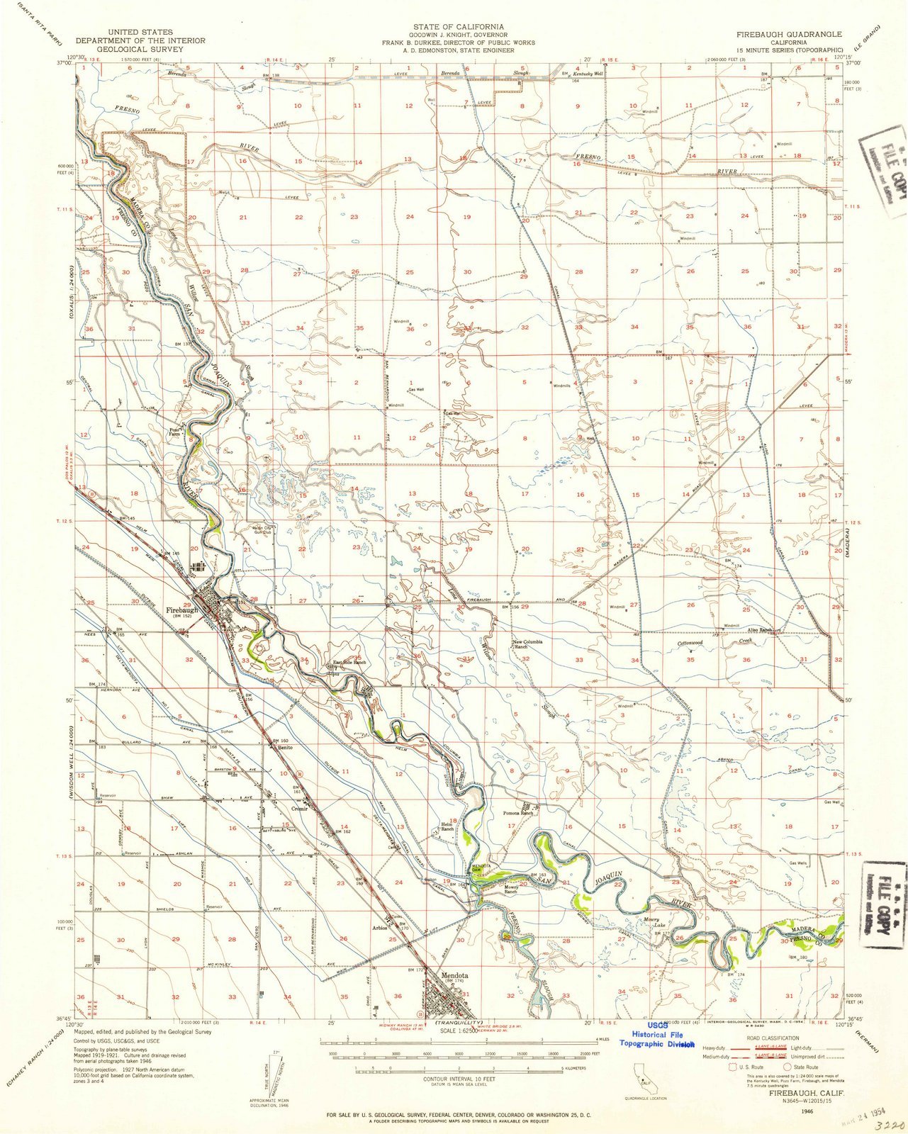 **1946 Firebaugh, CA - Vintage USGS Topographic Wall Map - 35