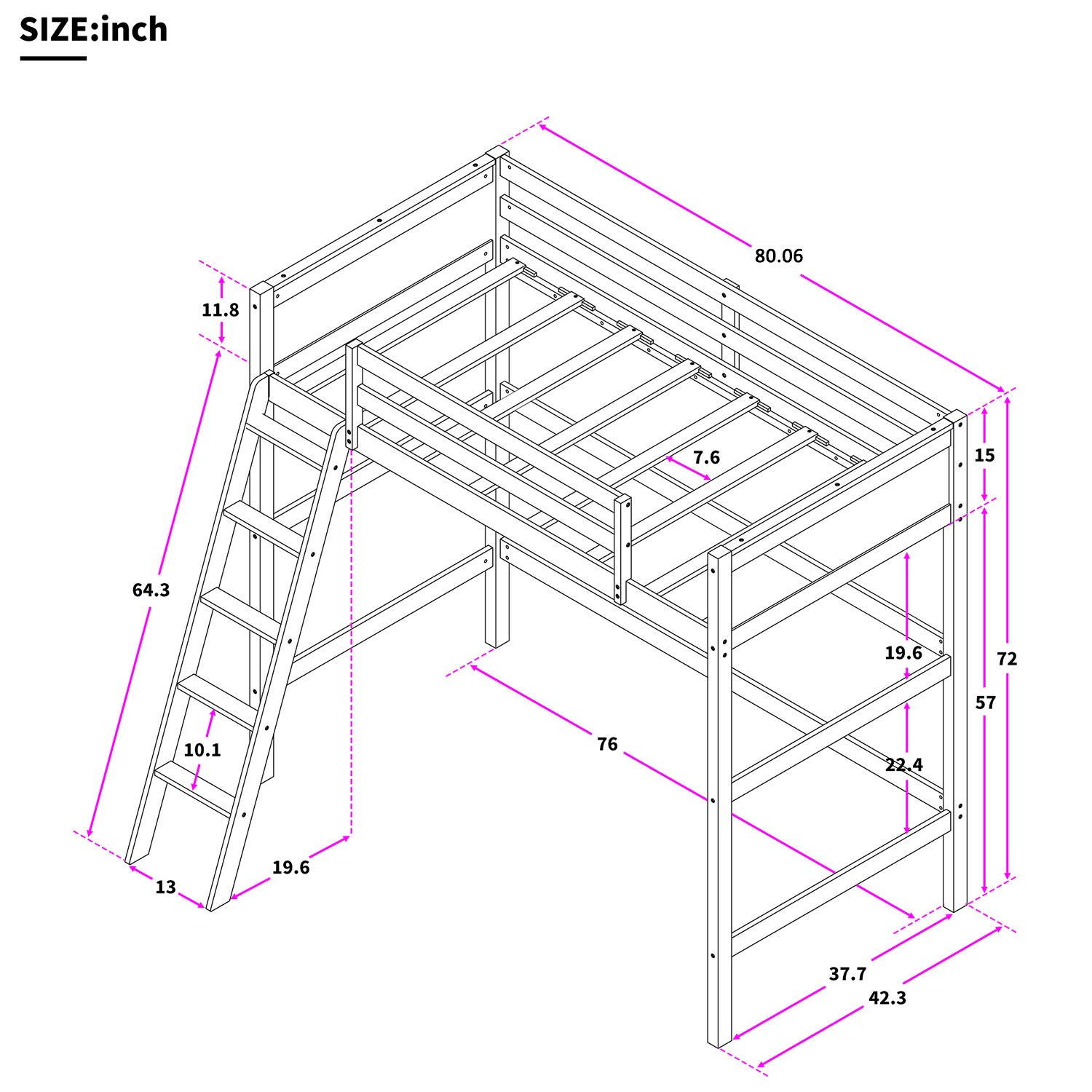 Harper & Bright Designs Twin Size Wooden Loft Bed with Ladder & Safety Rail - Grey - Space Saving High Loft Bed Frame for Kids, Teens & Small Rooms - Perfect for Bedroom, Dorm, Studio & Apartment Decor