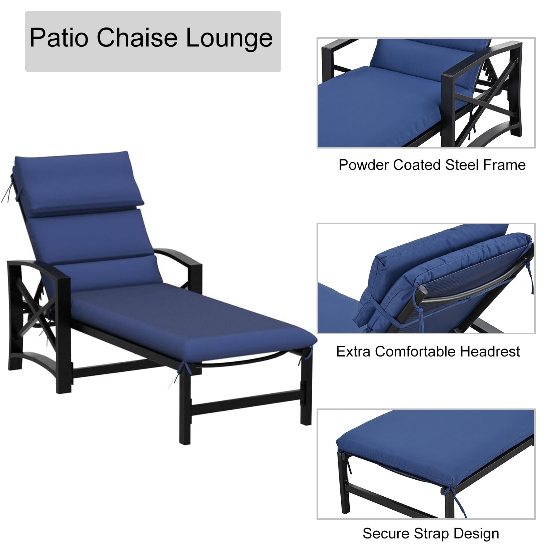 LOKATSE HOME Patio Chaise Lounge Chair Set with Side Table - Outdoor Metal Furniture for Poolside, Garden & Backyard - Weather-Resistant Blue Lounge Chairs