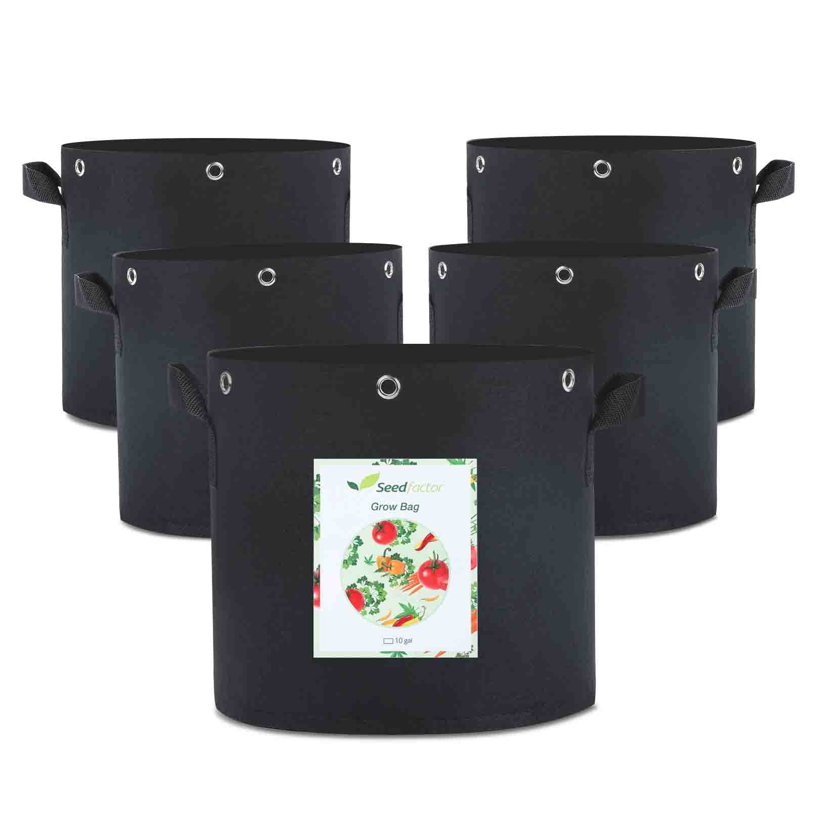 Seedfactor 5 Pack 10 Gallon Plant Grow Bags - Heavy Duty Thickened Nonwoven Fabric Pots with Multi-Purpose Training Rings for Fruits, Vegetables & Flowers | Ideal for Indoor/Outdoor Gardening, Hydroponics & Container Planting