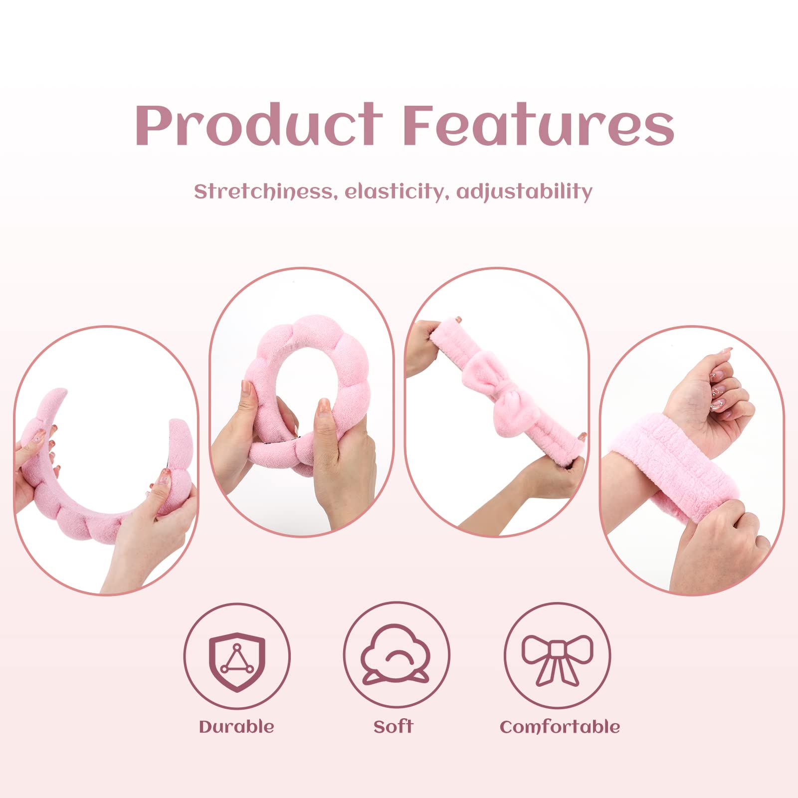 Puffy Spa Headband for Women - Soft Terry Cloth Hair Band for Skincare, Makeup & Face Washing - 4-Piece Set with Wristband Scrunchies - Perfect for Spa Days, Beauty Routines & At-Home Relaxation