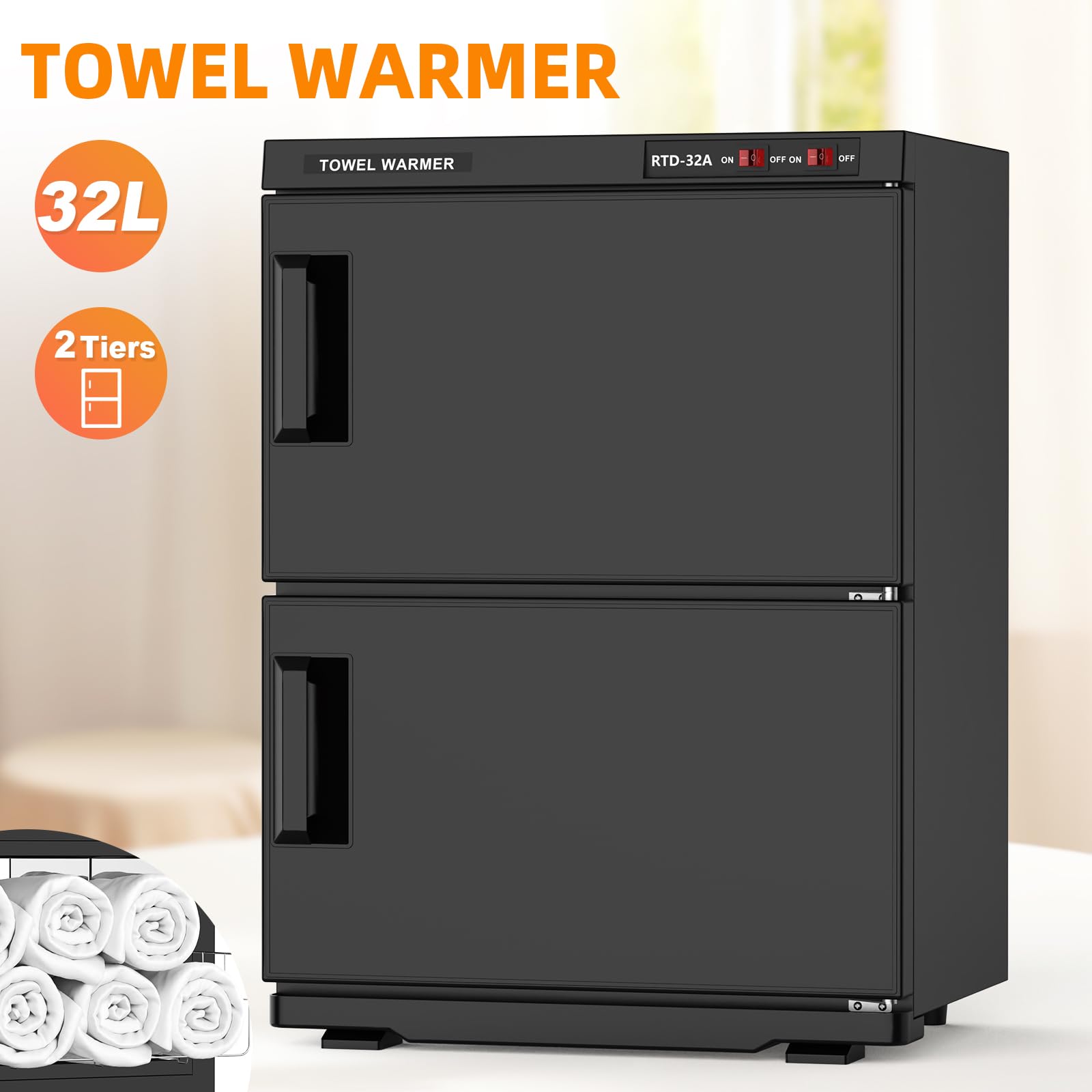 32L Professional Towel Warmer Cabinet for Spa & Salon - Large Capacity Double Door Towel Heater for Bathroom, Esthetician Use - Black | Perfect for Home Spa, Salon Treatment Rooms & Luxury Bathrooms